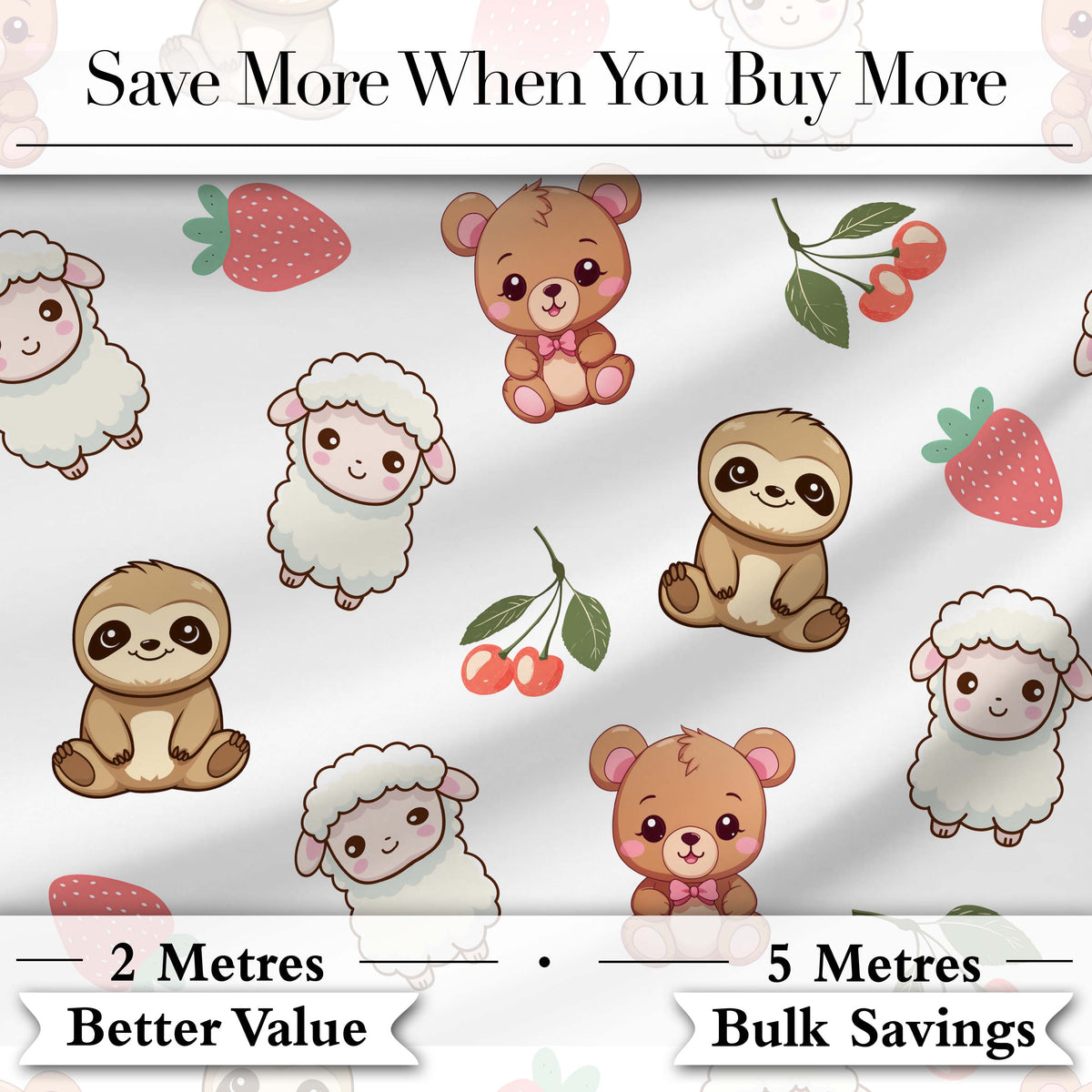 Cute Baby Animals Bear Sheep Sloth Strawberry Cherry Light Grey Background Digital Print Fabric by the Metre UK Sewing Quilting Textile