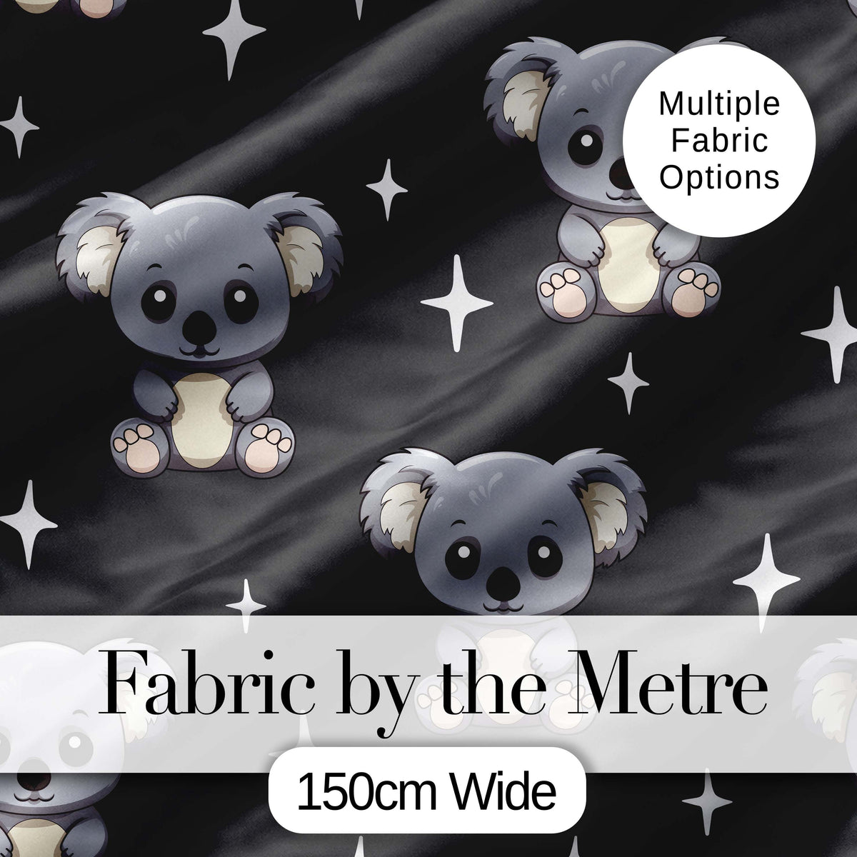 Cute Koala Bears with Stars Dark Grey Background Seamless Pattern Digital Print Fabric by the Metre UK Sewing Quilting Textile