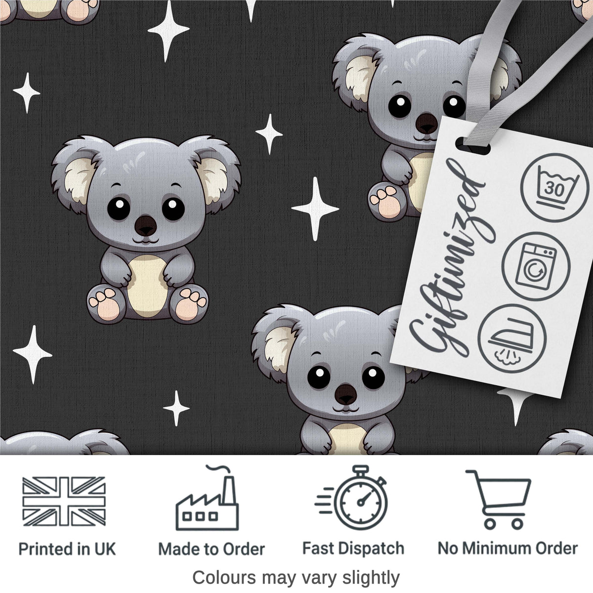 Cute Koala Bears with Stars Dark Grey Background Seamless Pattern Digital Print Fabric by the Metre UK Sewing Quilting Textile