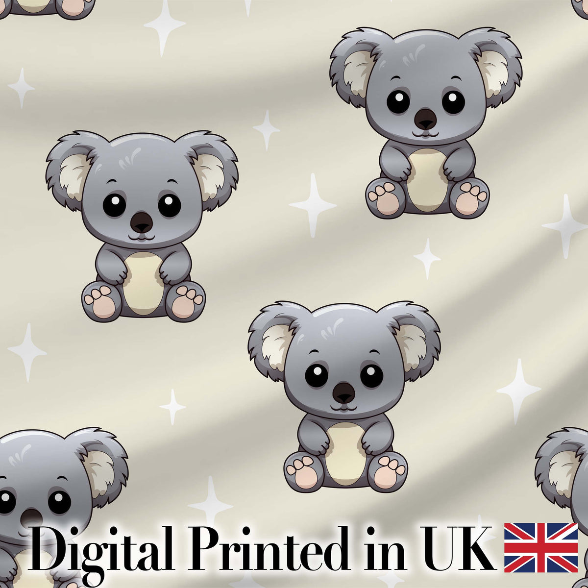 Cute Koala Bears with Stars Beige Background Seamless Pattern Digital Print Fabric by the Metre UK Sewing Quilting Textile