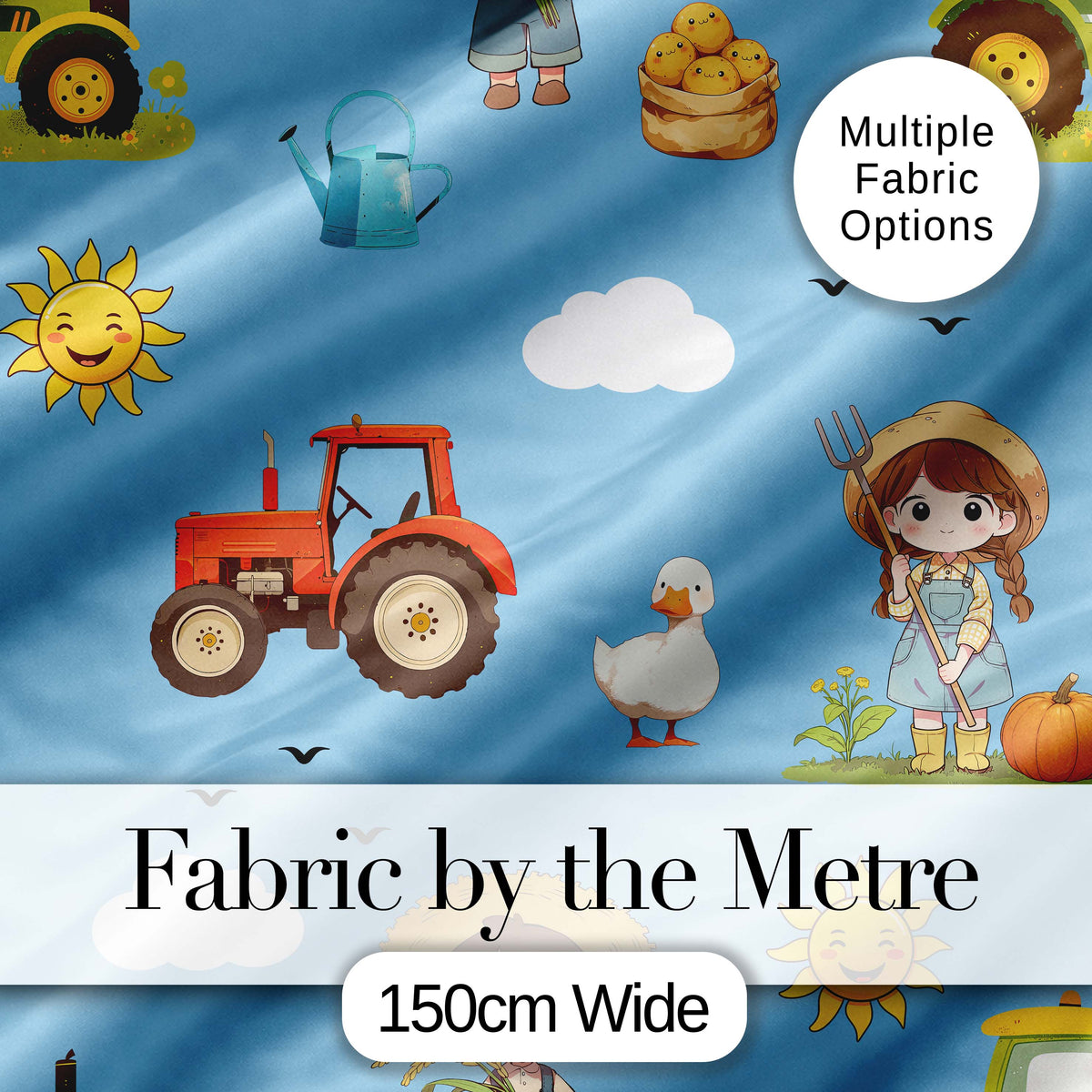 Cute Farm Scene Tractor Duck Farmer Child Clouds Blue Background Pattern Digital Print Fabric by the Metre UK Sewing Quilting Textile