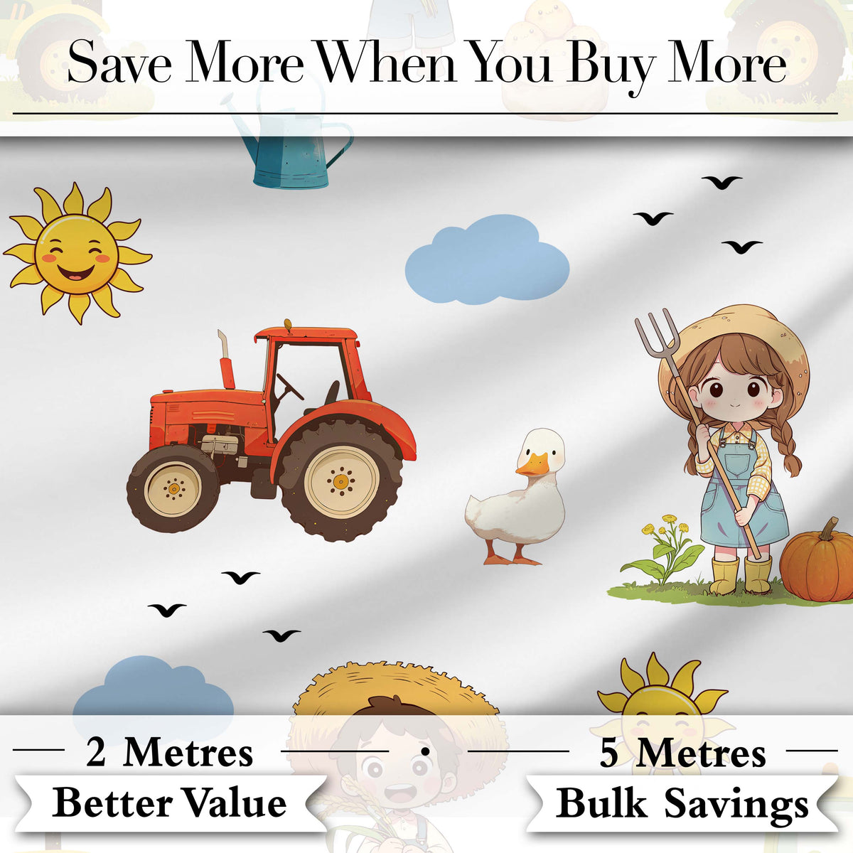 Cute Farm Tractor Duck Girl with Clouds White Background Seamless Pattern Digital Print Fabric by the Metre UK Sewing Quilting Textile