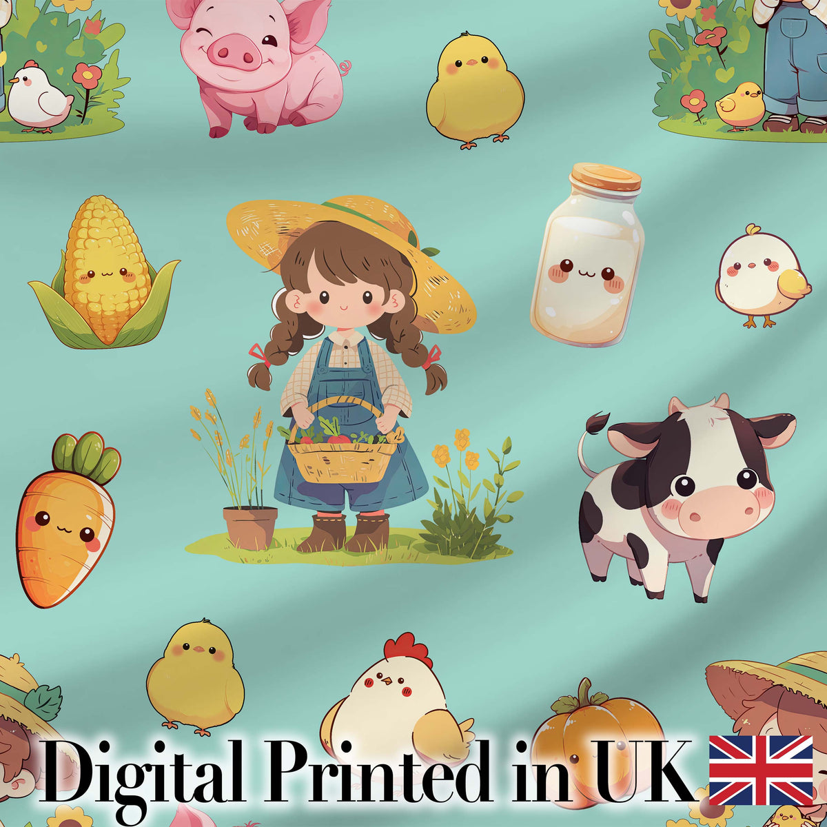 Cute Farm Animals Girl Pig Cow Chicken Mint Green Background Seamless Pattern Digital Print Fabric by the Metre UK Sewing Quilting Textile