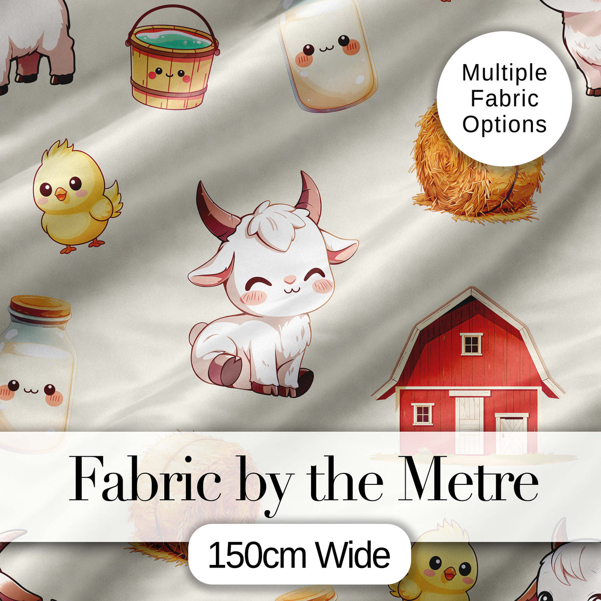 Cute Farm Goat Barn Hay Bale Chick Milk Bucket Beige Background Pattern Digital Print Fabric by the Metre UK Sewing Quilting Textile