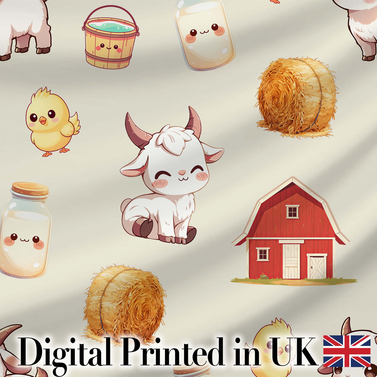 Cute Farm Goat Barn Hay Bale Chick Milk Bucket Beige Background Pattern Digital Print Fabric by the Metre UK Sewing Quilting Textile