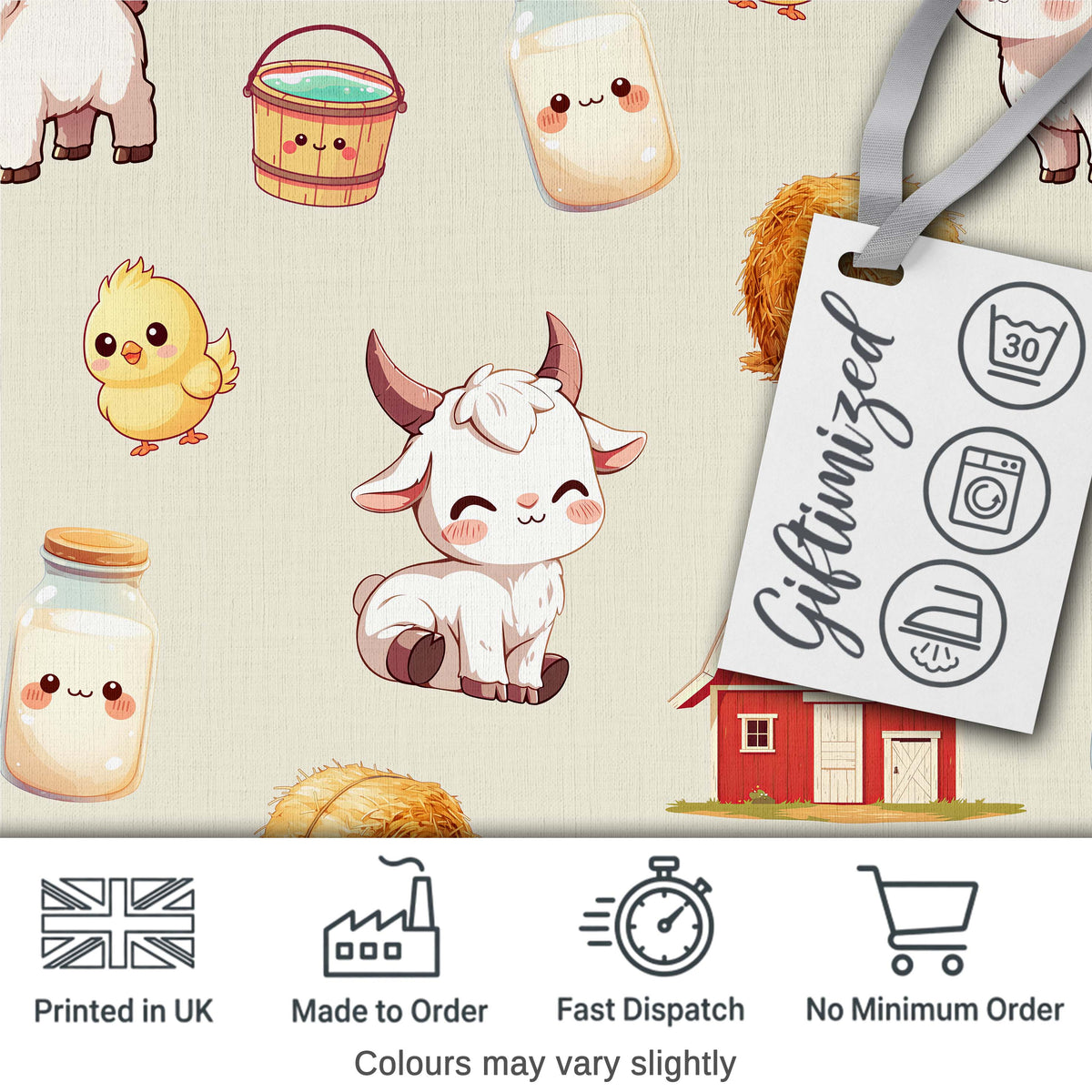 Cute Farm Goat Barn Hay Bale Chick Milk Bucket Beige Background Pattern Digital Print Fabric by the Metre UK Sewing Quilting Textile