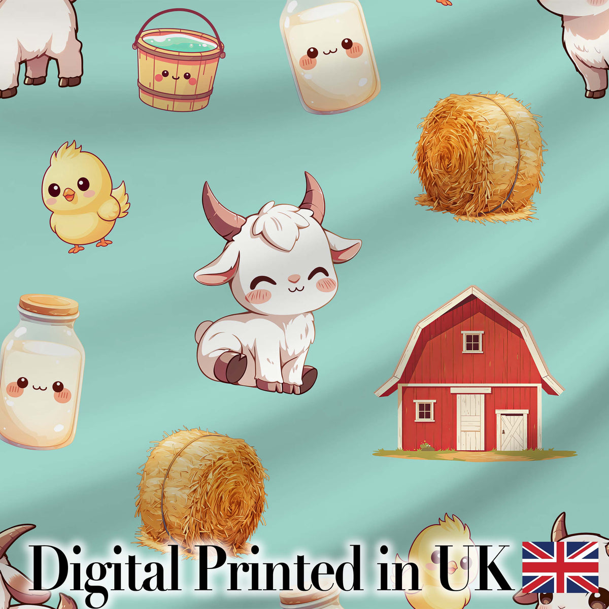 Cute Farm Goat Barn Hay Bale Chick Milk Bucket Teal Background Seamless Pattern Digital Print Fabric by the Metre UK Sewing Quilting Textile
