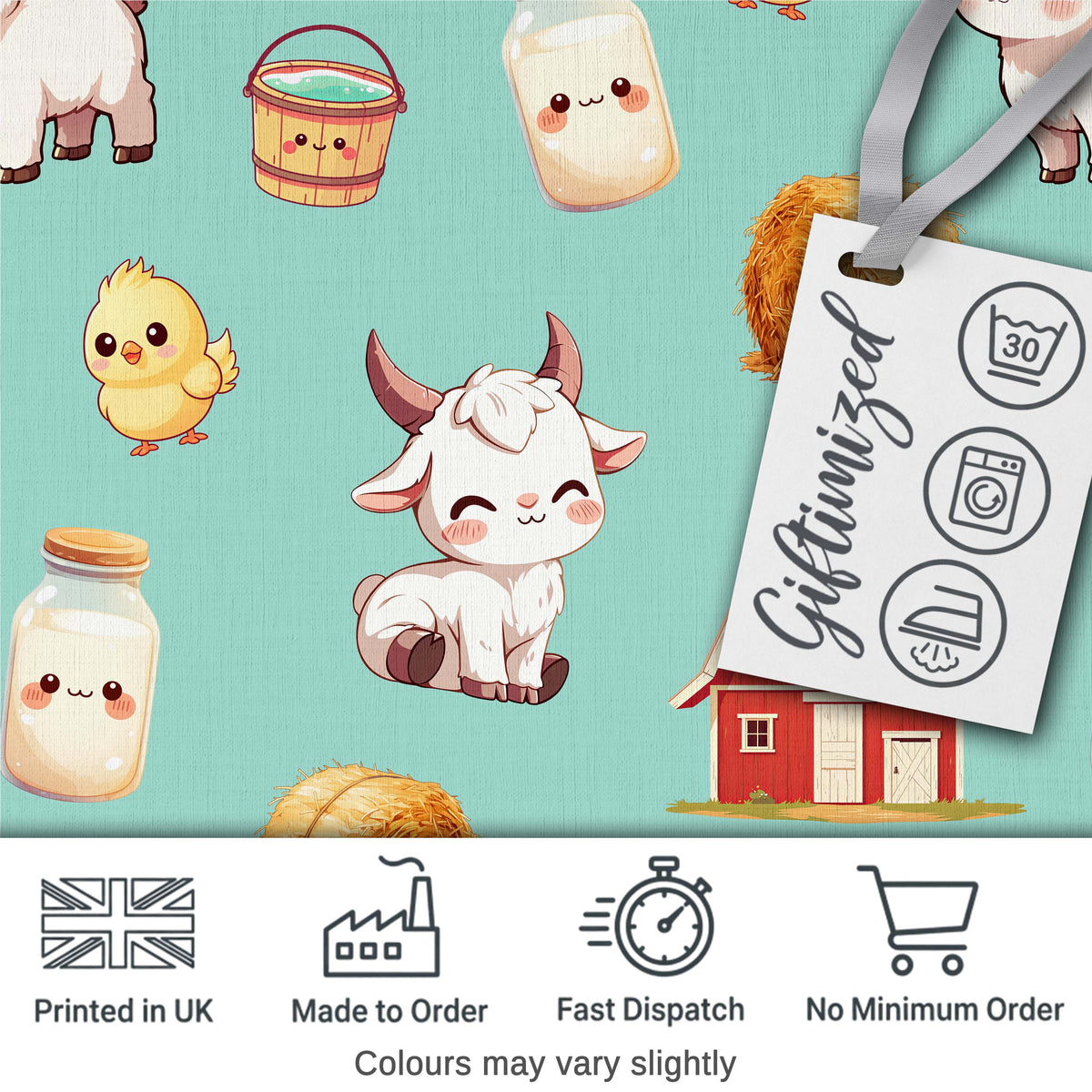 Cute Farm Goat Barn Hay Bale Chick Milk Bucket Teal Background Seamless Pattern Digital Print Fabric by the Metre UK Sewing Quilting Textile