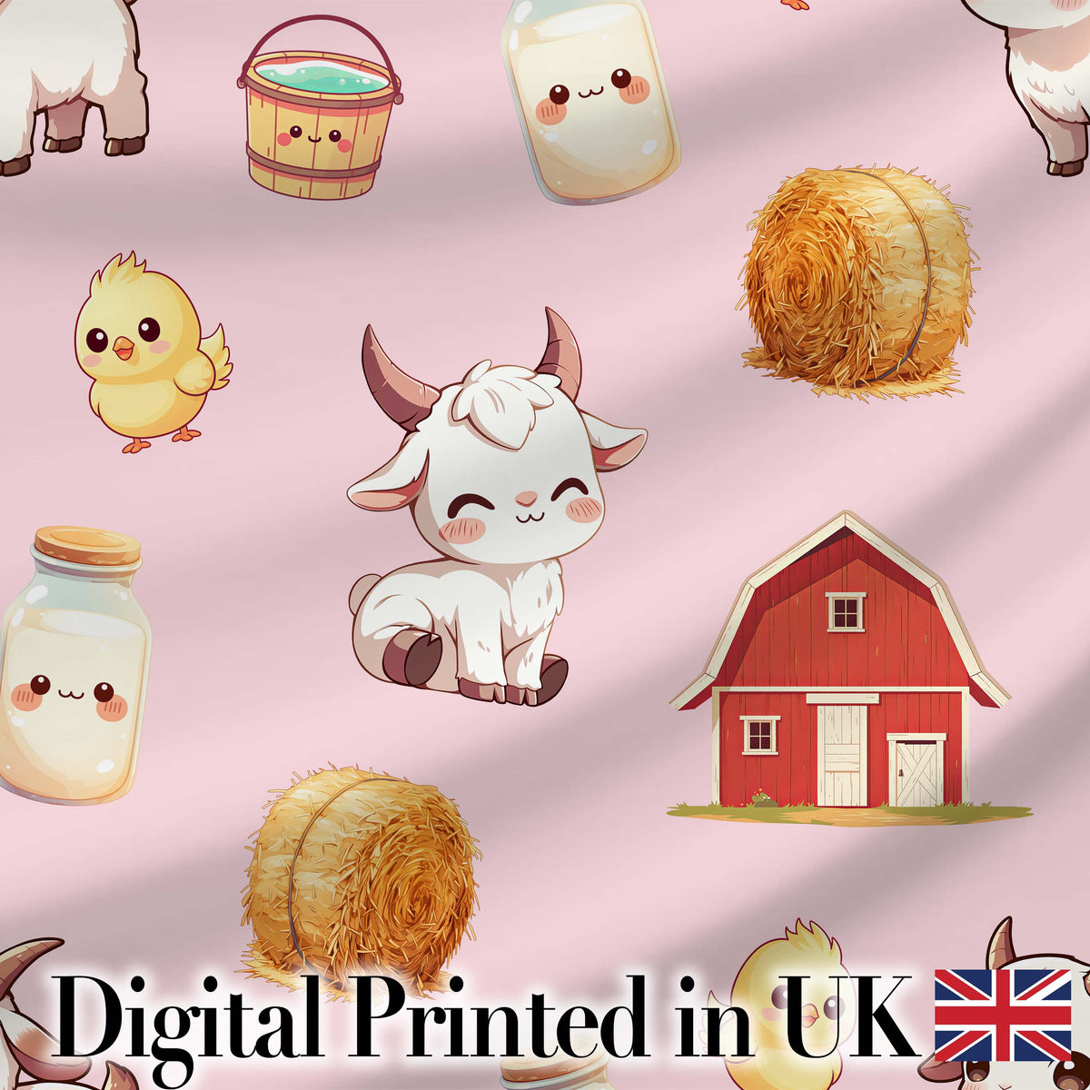 Cute Farm Goat Barn Hay Bale Chick Milk Bucket Pink Background Seamless Pattern Digital Print Fabric by the Metre UK Sewing Quilting Textile