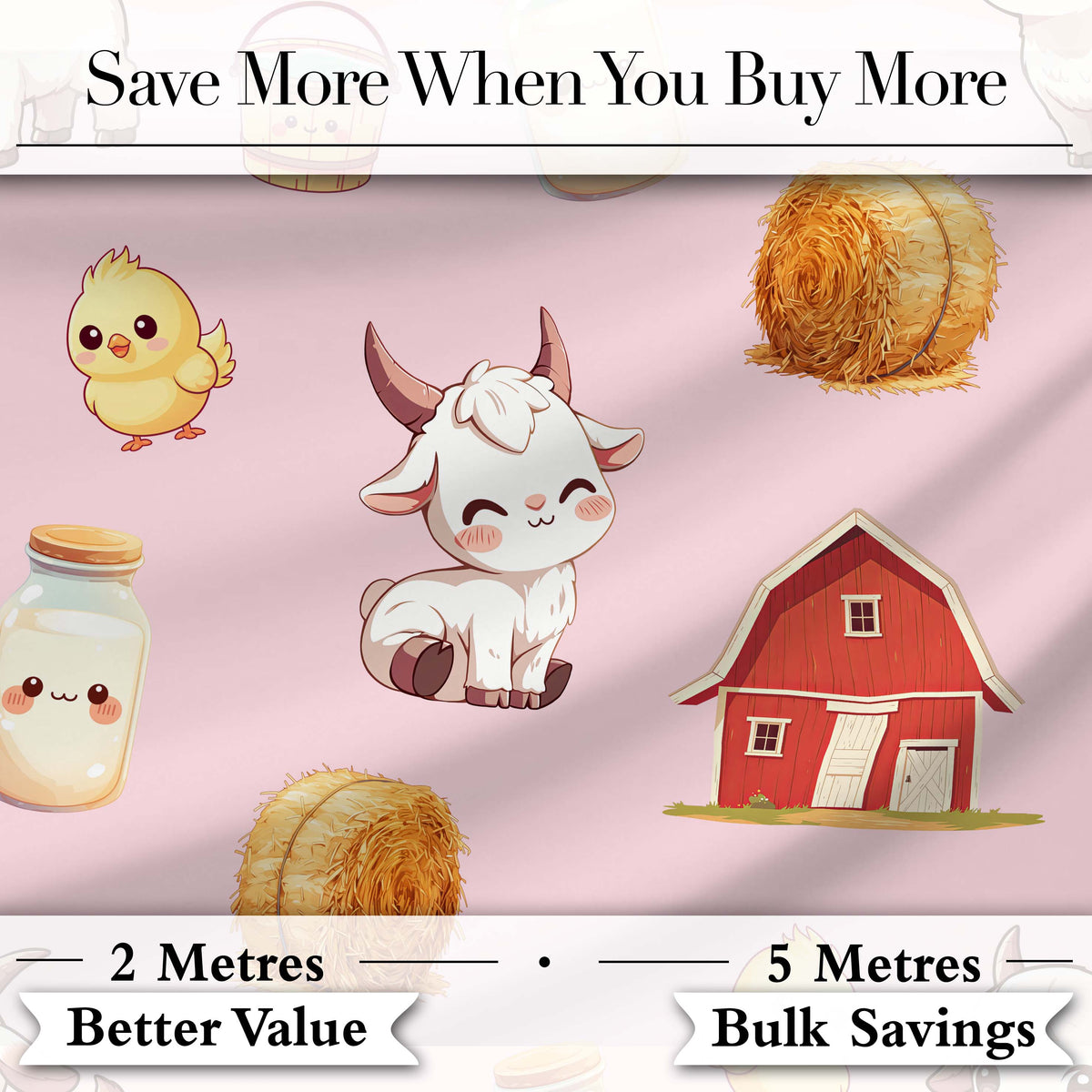 Cute Farm Goat Barn Hay Bale Chick Milk Bucket Pink Background Seamless Pattern Digital Print Fabric by the Metre UK Sewing Quilting Textile