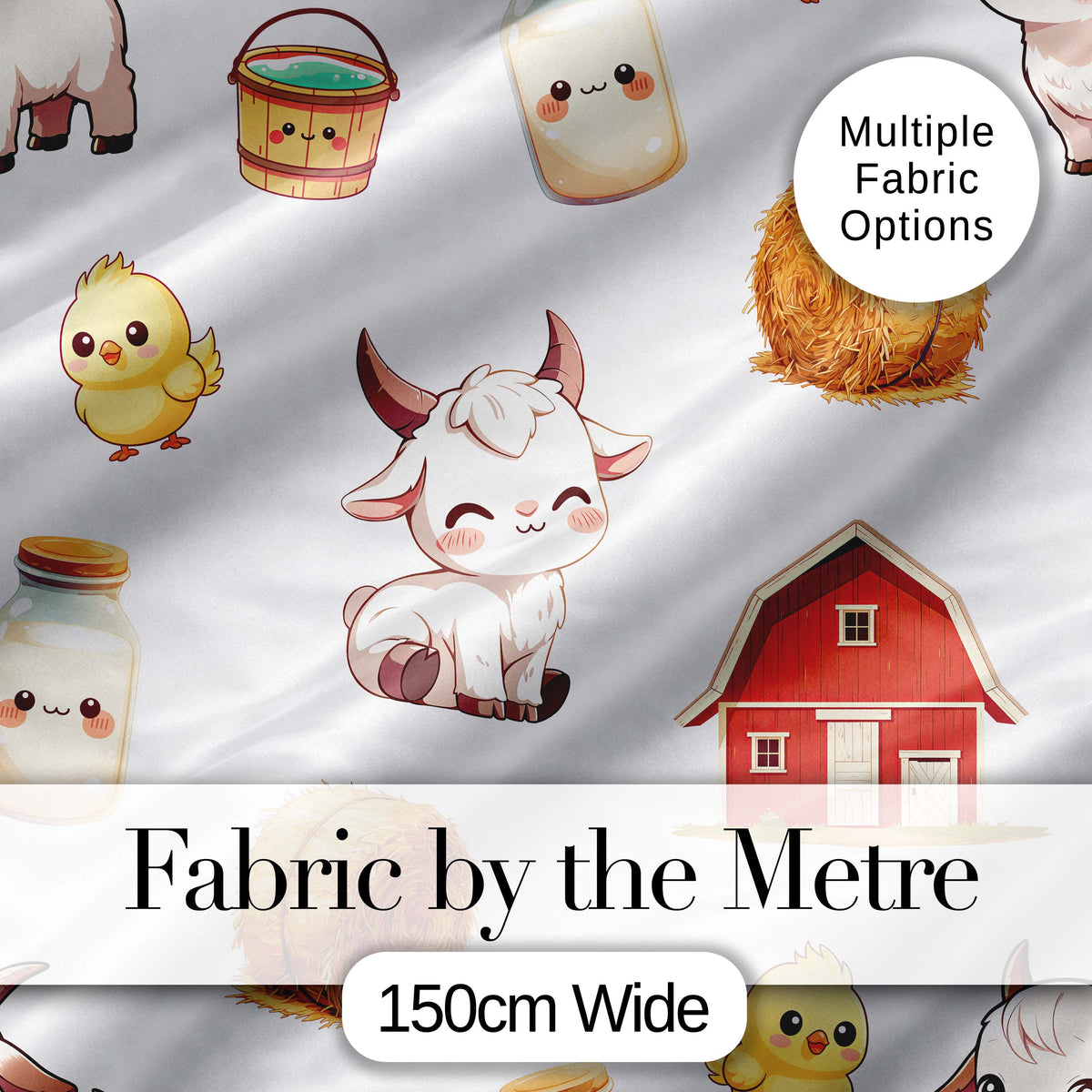 Cute Farm Goat Barn Hay Bale Chick Milk Bucket Grey Background Seamless Pattern Digital Print Fabric by the Metre UK Sewing Quilting Textile