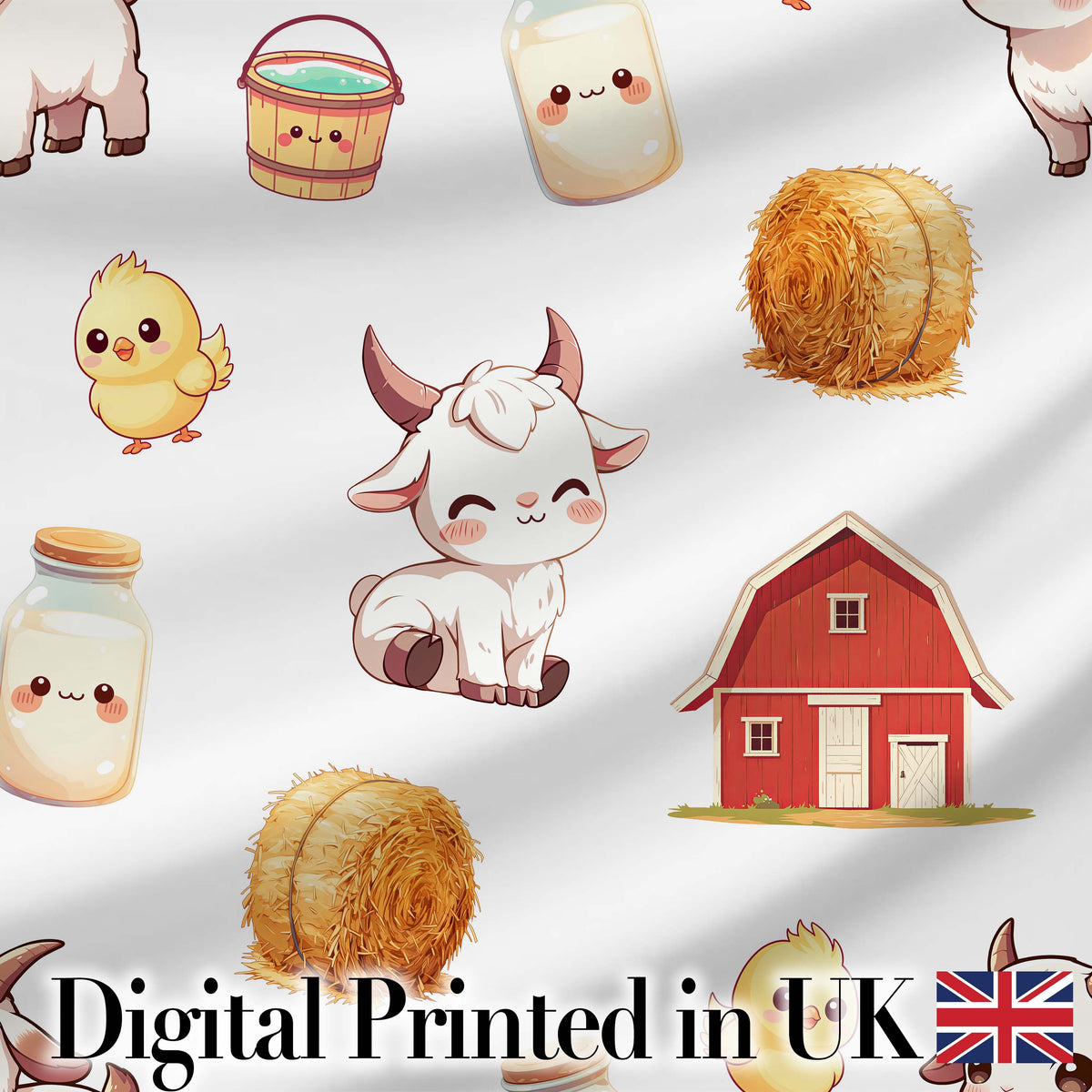 Cute Farm Goat Barn Hay Bale Chick Milk Bucket Grey Background Seamless Pattern Digital Print Fabric by the Metre UK Sewing Quilting Textile