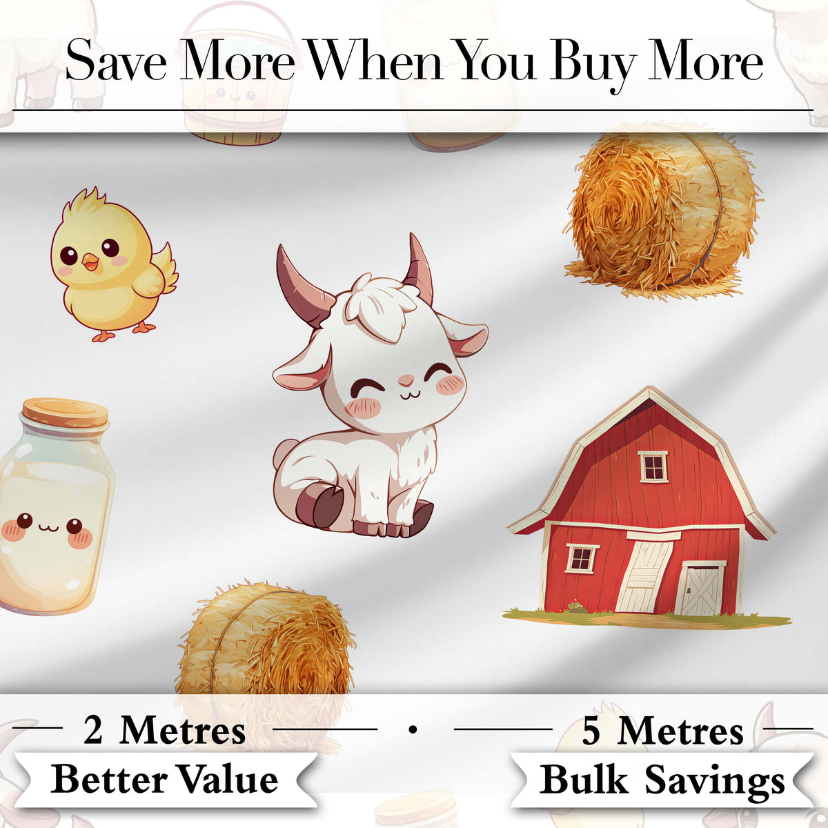 Cute Farm Goat Barn Hay Bale Chick Milk Bucket Grey Background Seamless Pattern Digital Print Fabric by the Metre UK Sewing Quilting Textile