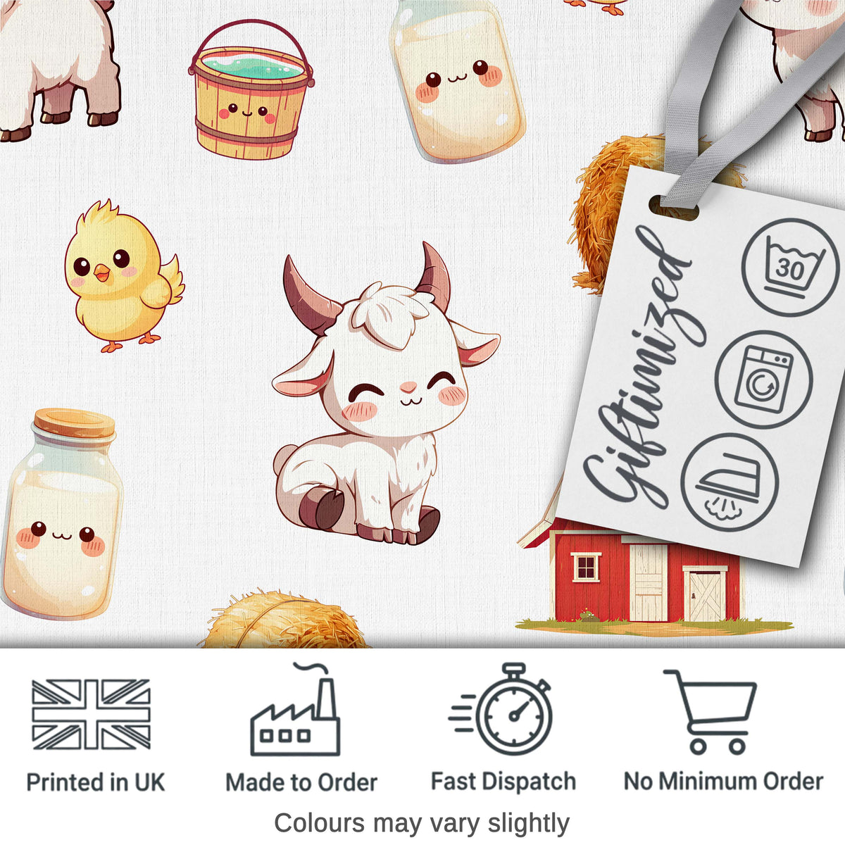 Cute Farm Goat Barn Hay Bale Chick Milk Bucket Grey Background Seamless Pattern Digital Print Fabric by the Metre UK Sewing Quilting Textile