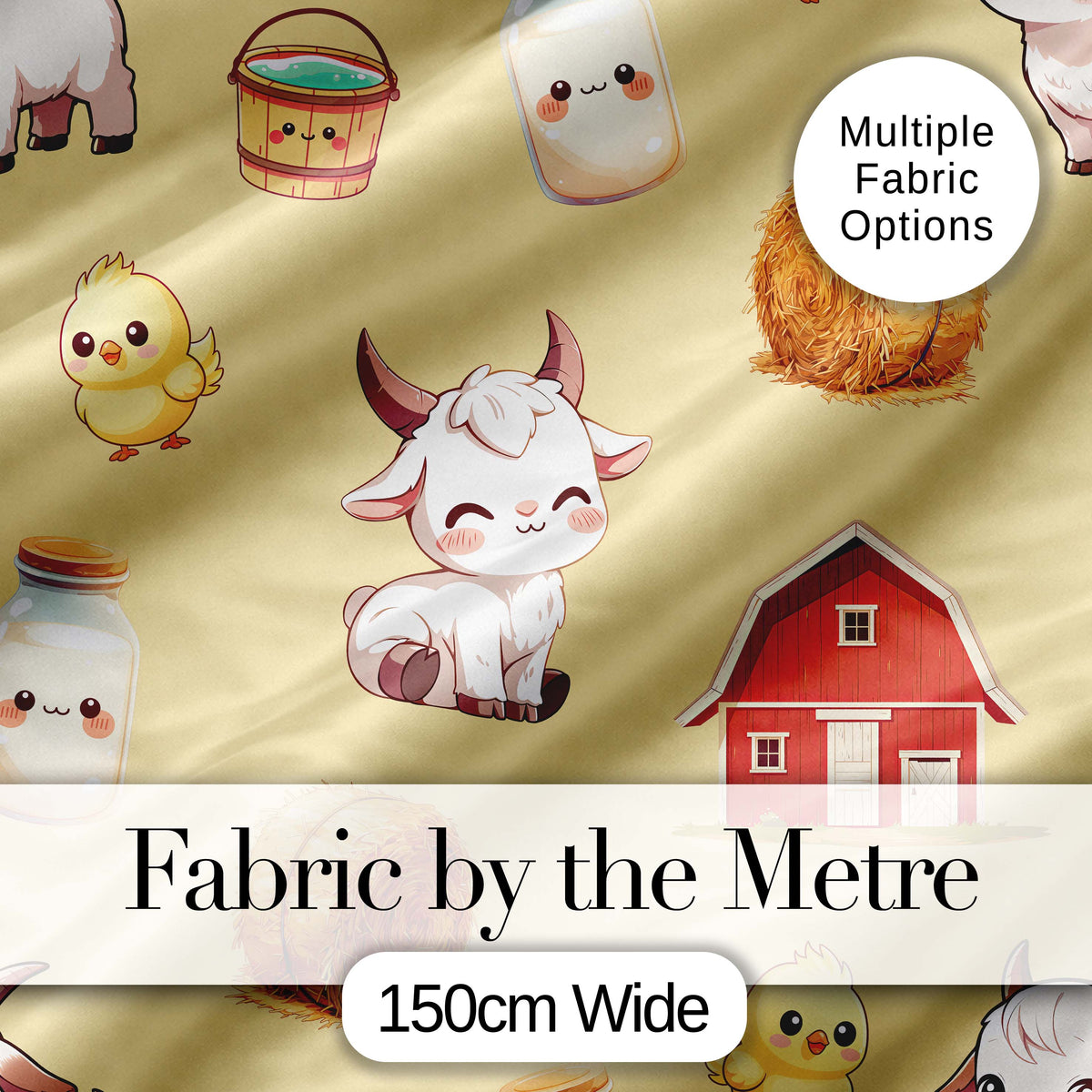 Cute Farm Goat Barn Hay Bale Chick Milk Bucket Yellow Background Pattern Digital Print Fabric by the Metre UK Sewing Quilting Textile