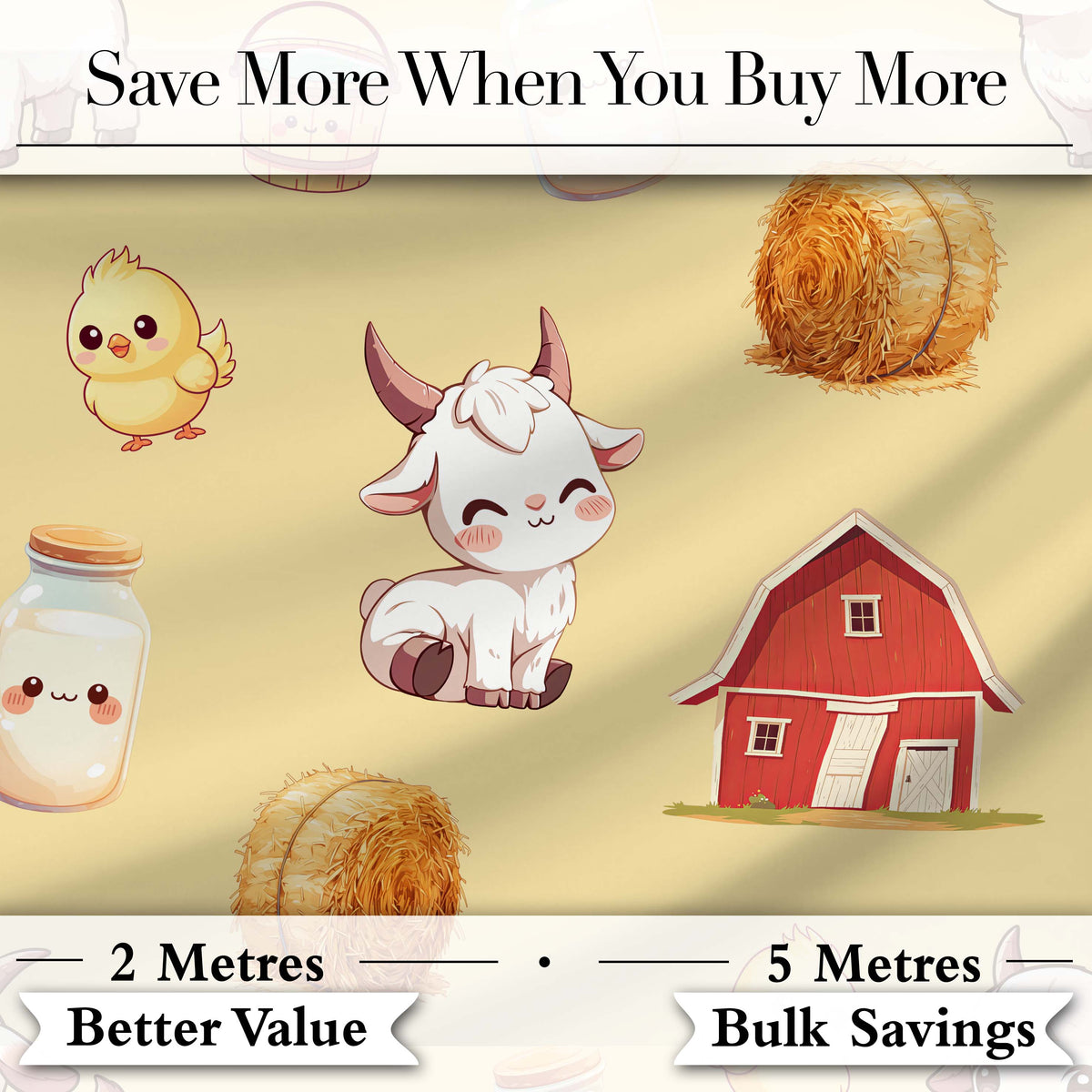 Cute Farm Goat Barn Hay Bale Chick Milk Bucket Yellow Background Pattern Digital Print Fabric by the Metre UK Sewing Quilting Textile