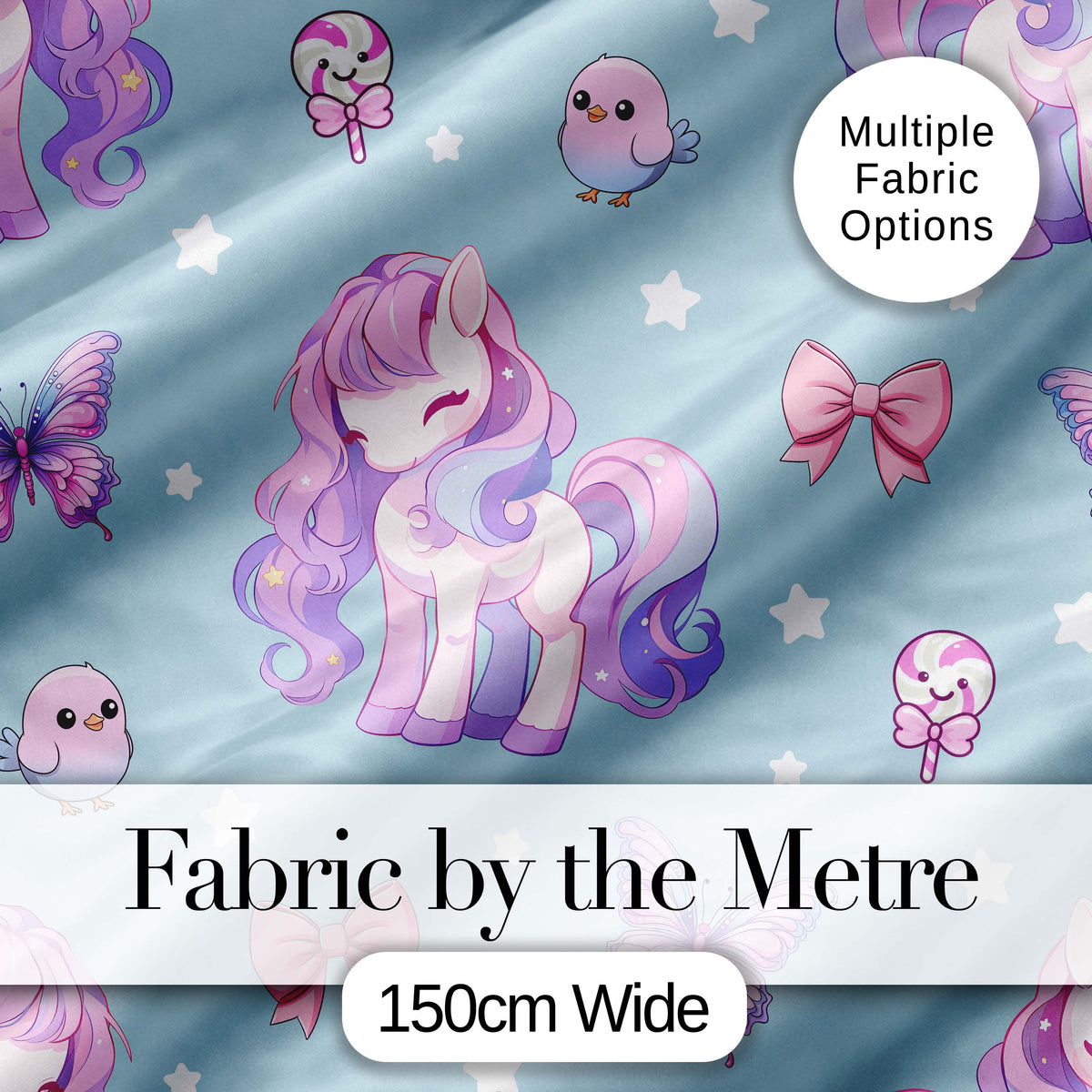 Cute Pastel Unicorn Butterfly Candy Stars Blue Background Seamless Pattern Digital Print Fabric by the Metre UK Sewing Quilting Textile