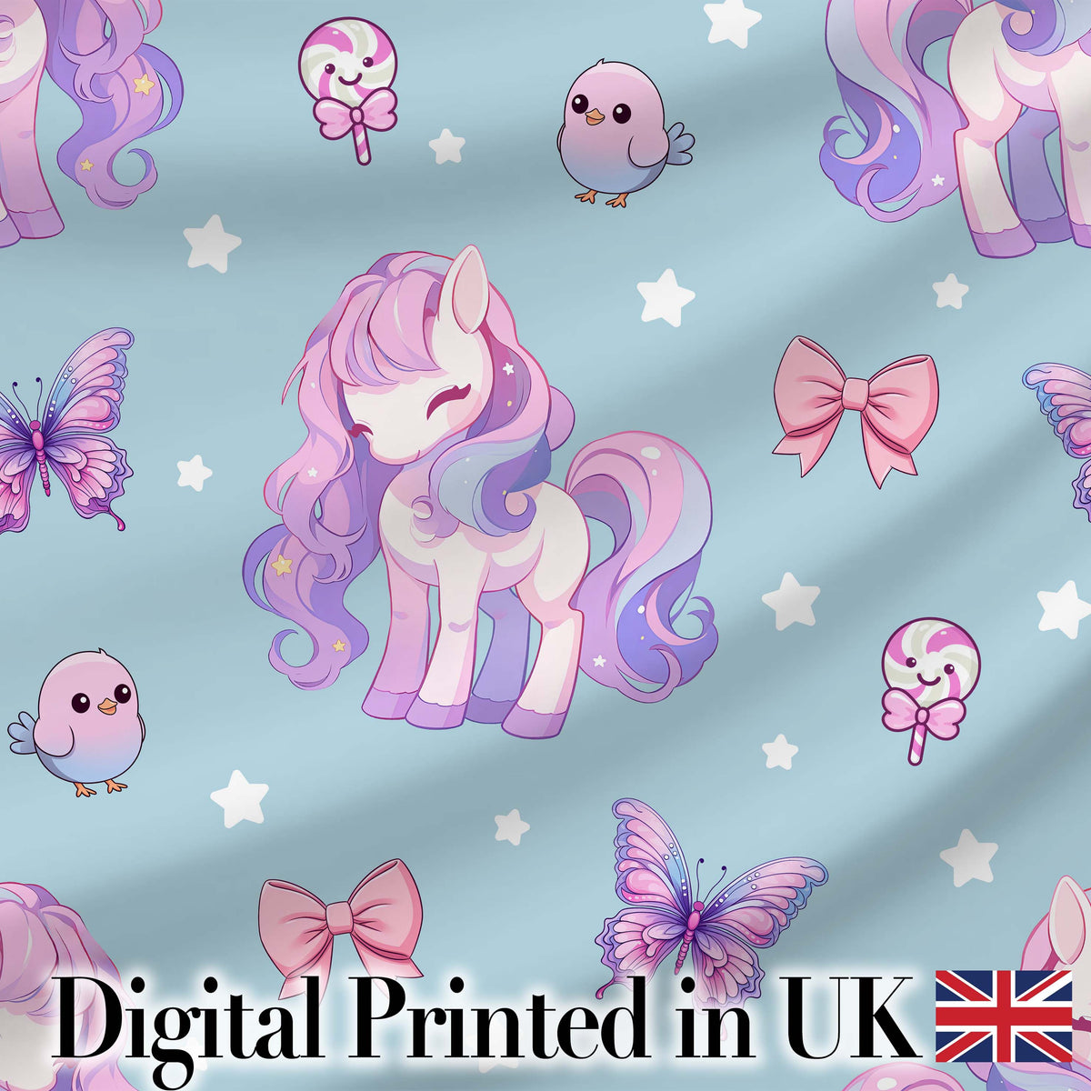 Cute Pastel Unicorn Butterfly Candy Stars Blue Background Seamless Pattern Digital Print Fabric by the Metre UK Sewing Quilting Textile