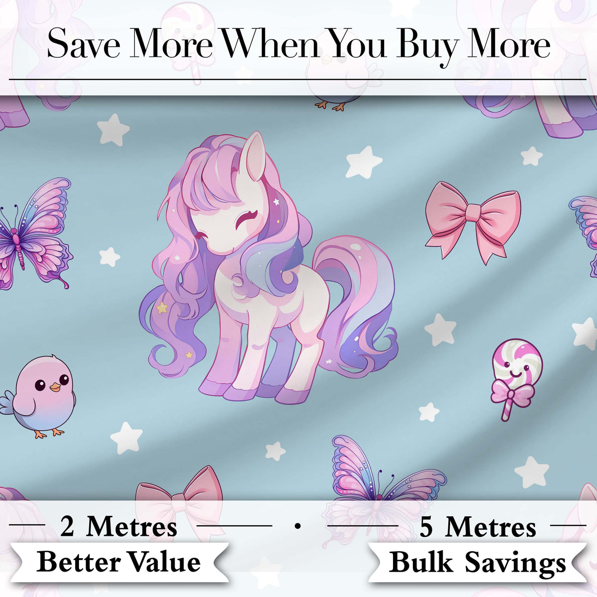 Cute Pastel Unicorn Butterfly Candy Stars Blue Background Seamless Pattern Digital Print Fabric by the Metre UK Sewing Quilting Textile