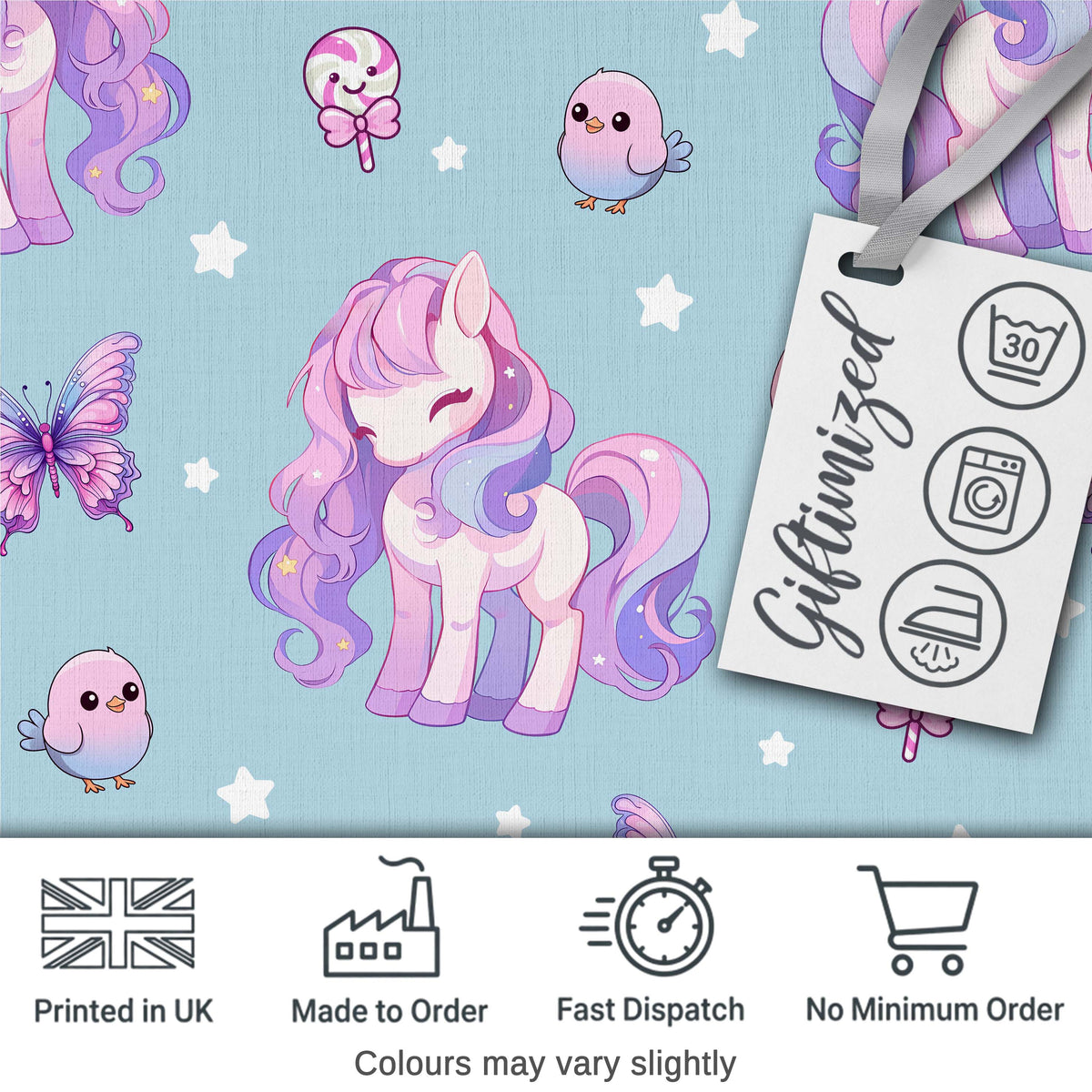 Cute Pastel Unicorn Butterfly Candy Stars Blue Background Seamless Pattern Digital Print Fabric by the Metre UK Sewing Quilting Textile