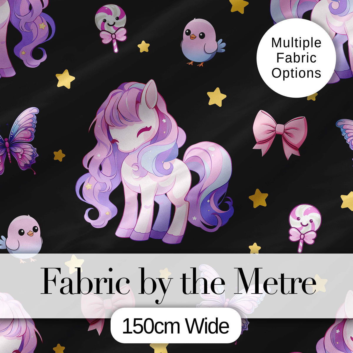 Cute Pastel Unicorn Butterfly Candy Stars Black Background Seamless Pattern Digital Print Fabric by the Metre UK Sewing Quilting Textile