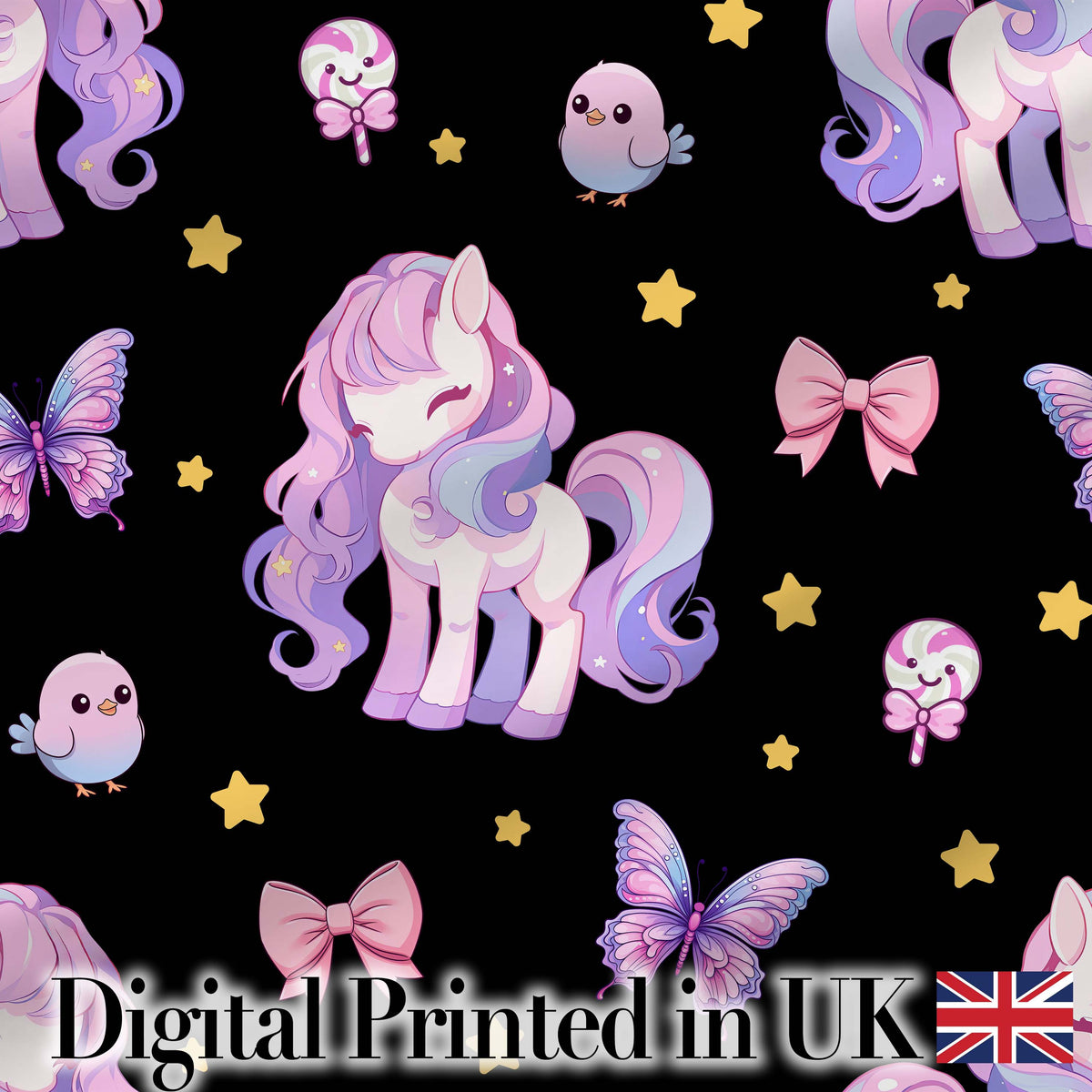Cute Pastel Unicorn Butterfly Candy Stars Black Background Seamless Pattern Digital Print Fabric by the Metre UK Sewing Quilting Textile