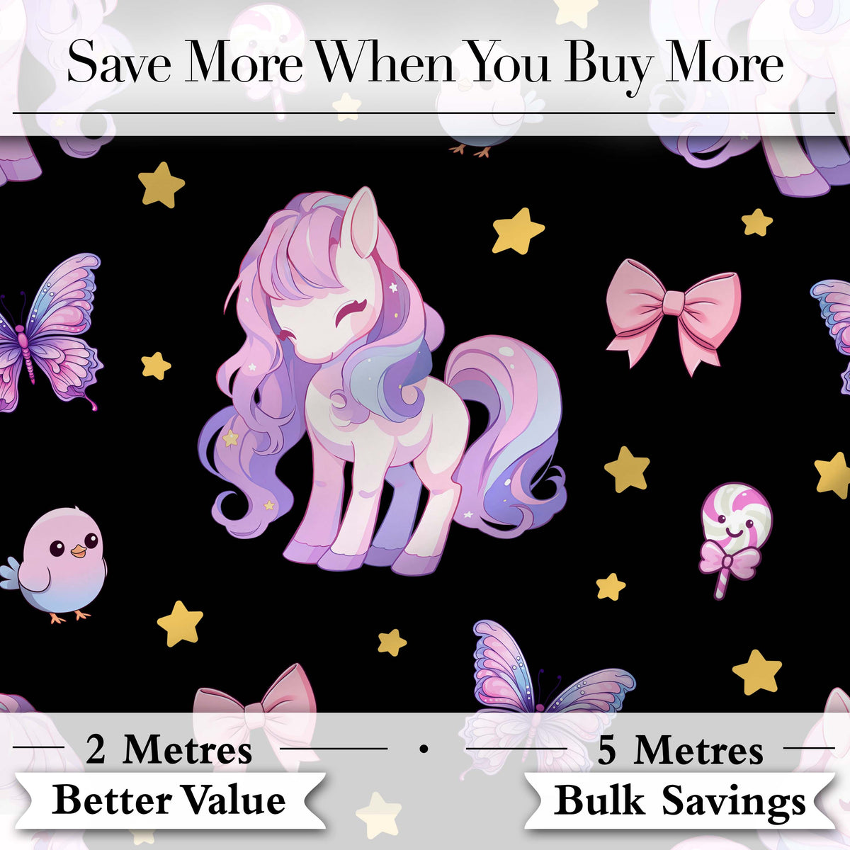 Cute Pastel Unicorn Butterfly Candy Stars Black Background Seamless Pattern Digital Print Fabric by the Metre UK Sewing Quilting Textile