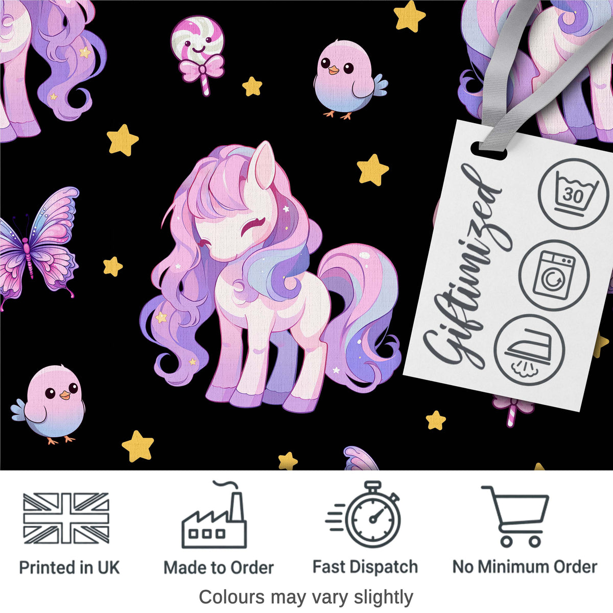 Cute Pastel Unicorn Butterfly Candy Stars Black Background Seamless Pattern Digital Print Fabric by the Metre UK Sewing Quilting Textile