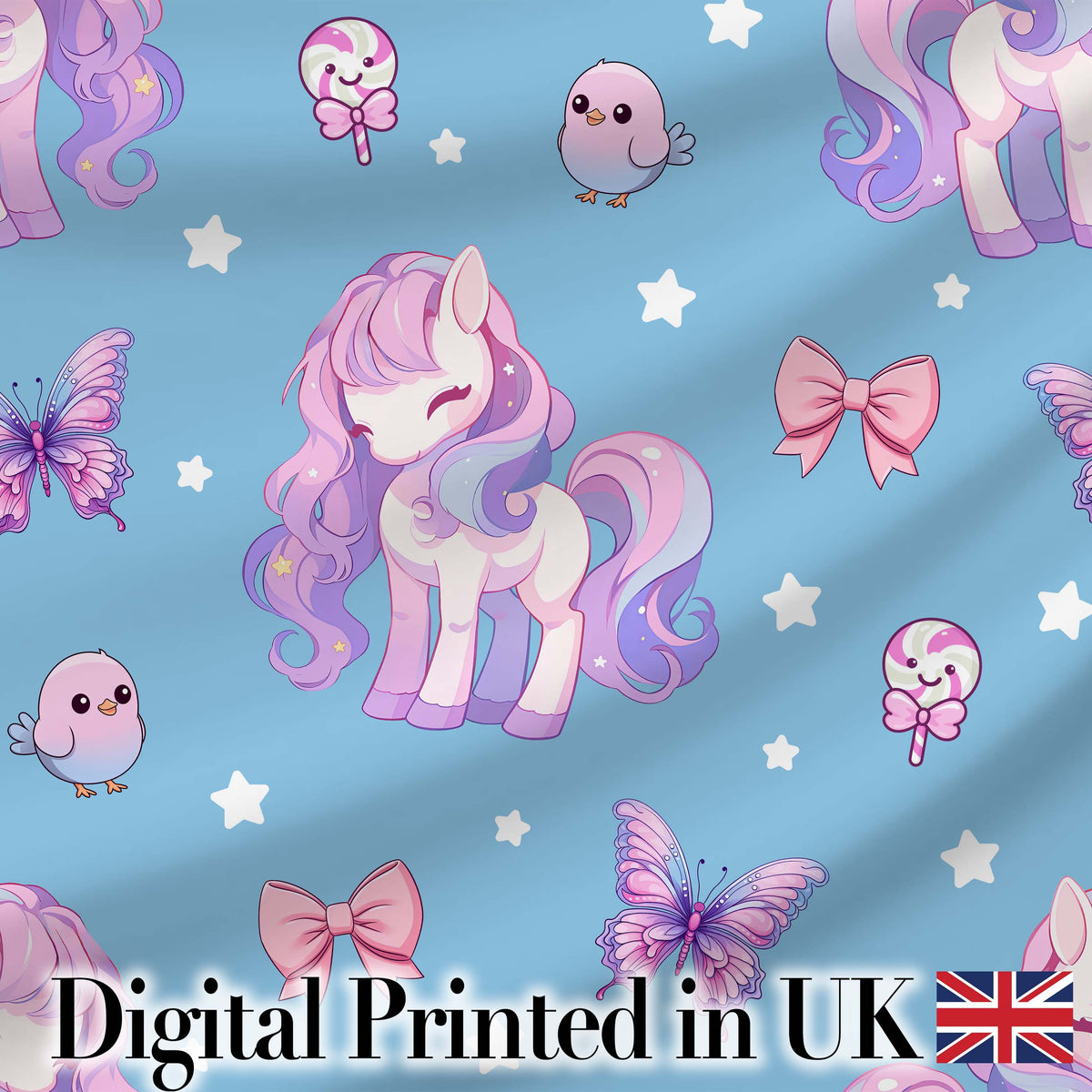 Cute Pastel Unicorn Butterfly Candy Stars Blue Background Seamless Pattern Digital Print Fabric by the Metre UK Sewing Quilting Textile