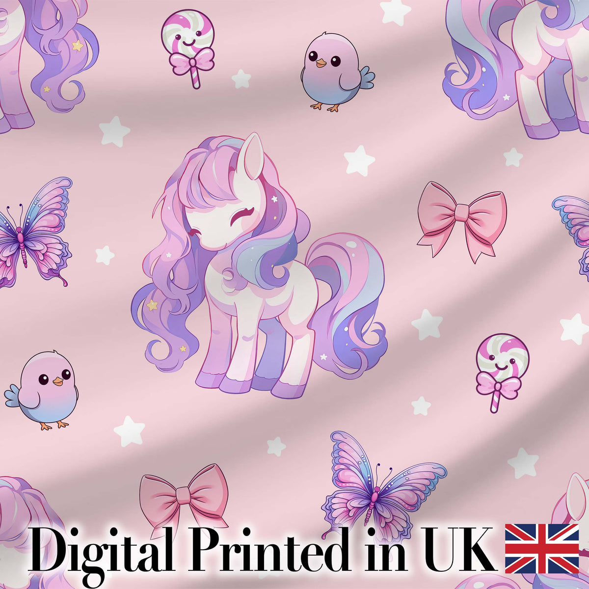 Cute Pastel Unicorn Butterfly Candy Stars Blush Background Seamless Pattern Digital Print Fabric by the Metre UK Sewing Quilting Textile