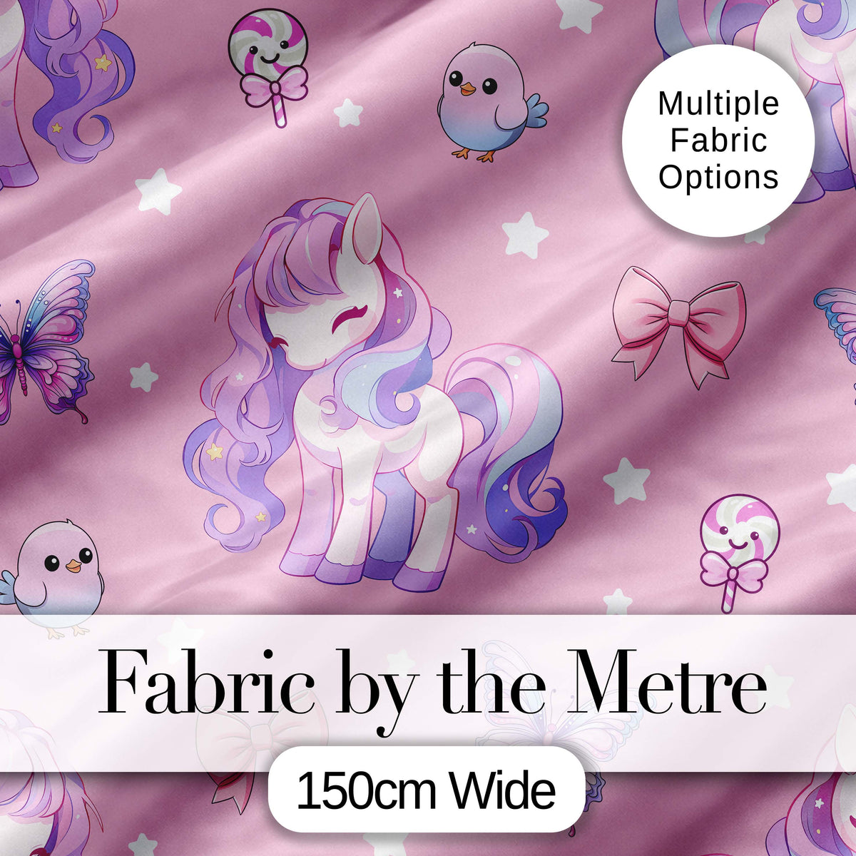 Cute Pastel Unicorn Butterfly Candy Stars Rose Pink Background Seamless Pattern Digital Print Fabric by the Metre UK Sewing Quilting Textile