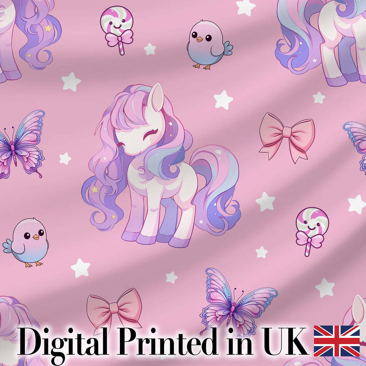 Cute Pastel Unicorn Butterfly Candy Stars Rose Pink Background Seamless Pattern Digital Print Fabric by the Metre UK Sewing Quilting Textile