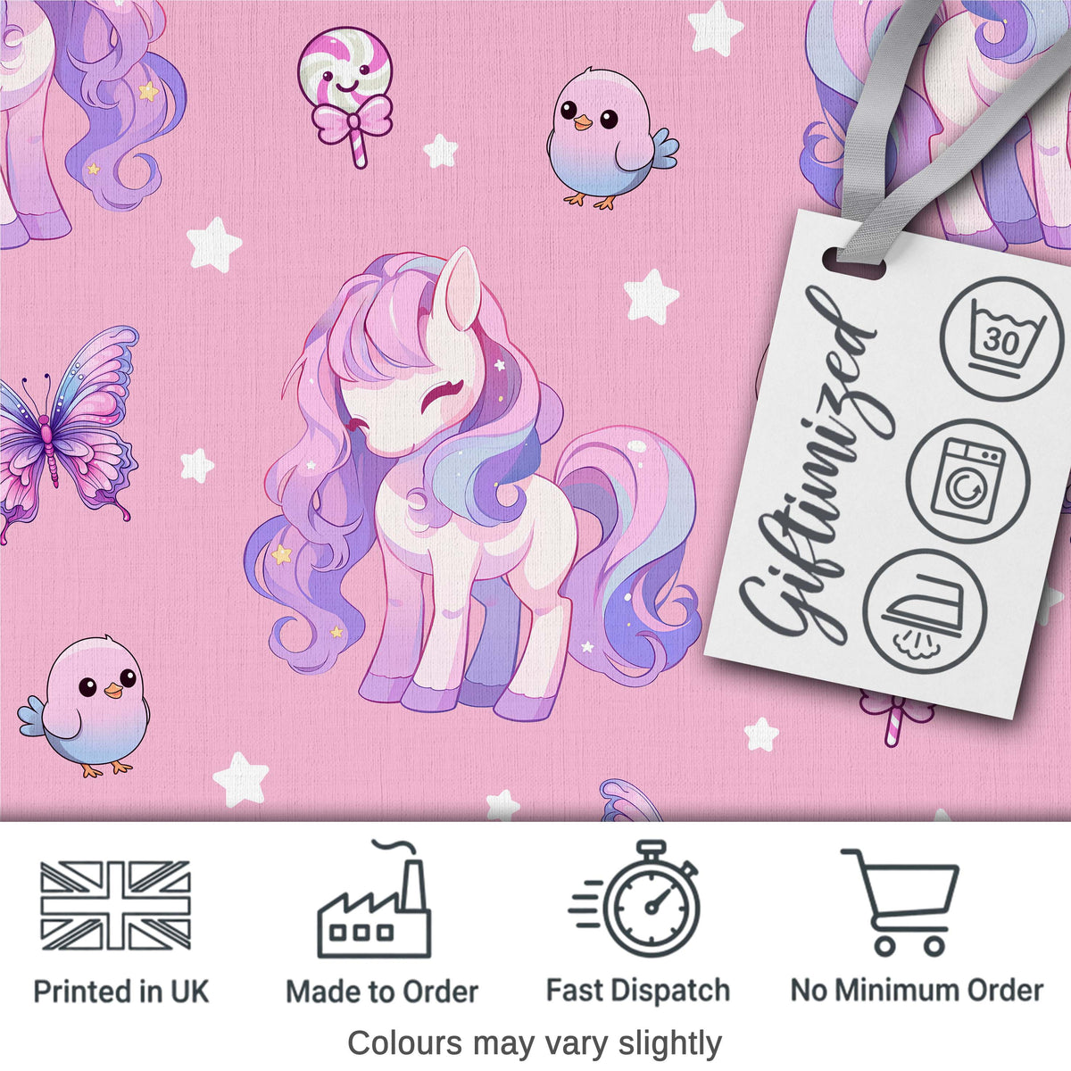 Cute Pastel Unicorn Butterfly Candy Stars Rose Pink Background Seamless Pattern Digital Print Fabric by the Metre UK Sewing Quilting Textile