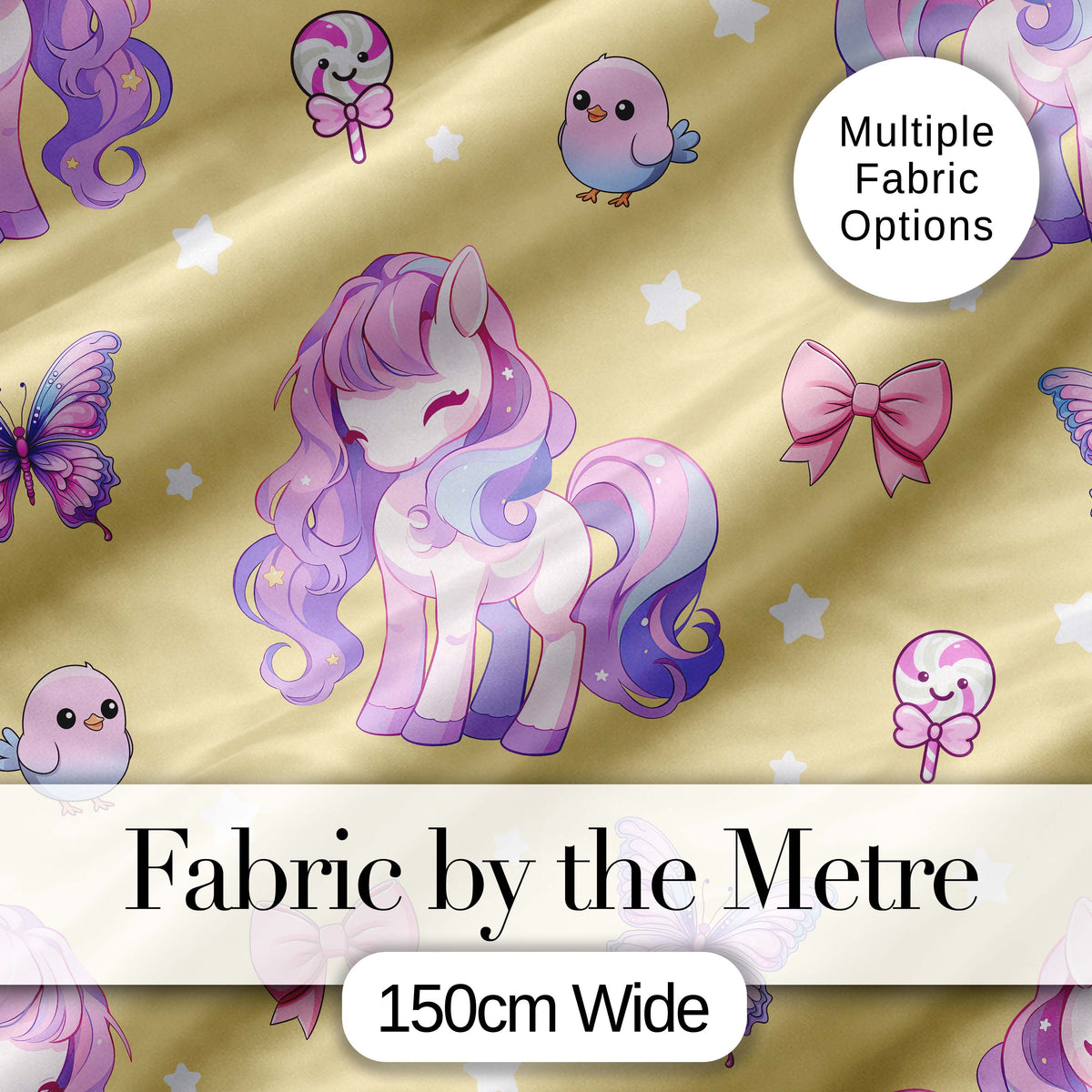 Cute Pastel Unicorn Butterfly Candy Stars Yellow Background Seamless Pattern Digital Print Fabric by the Metre UK Sewing Quilting Textile