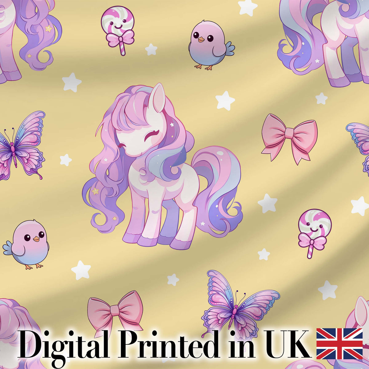 Cute Pastel Unicorn Butterfly Candy Stars Yellow Background Seamless Pattern Digital Print Fabric by the Metre UK Sewing Quilting Textile