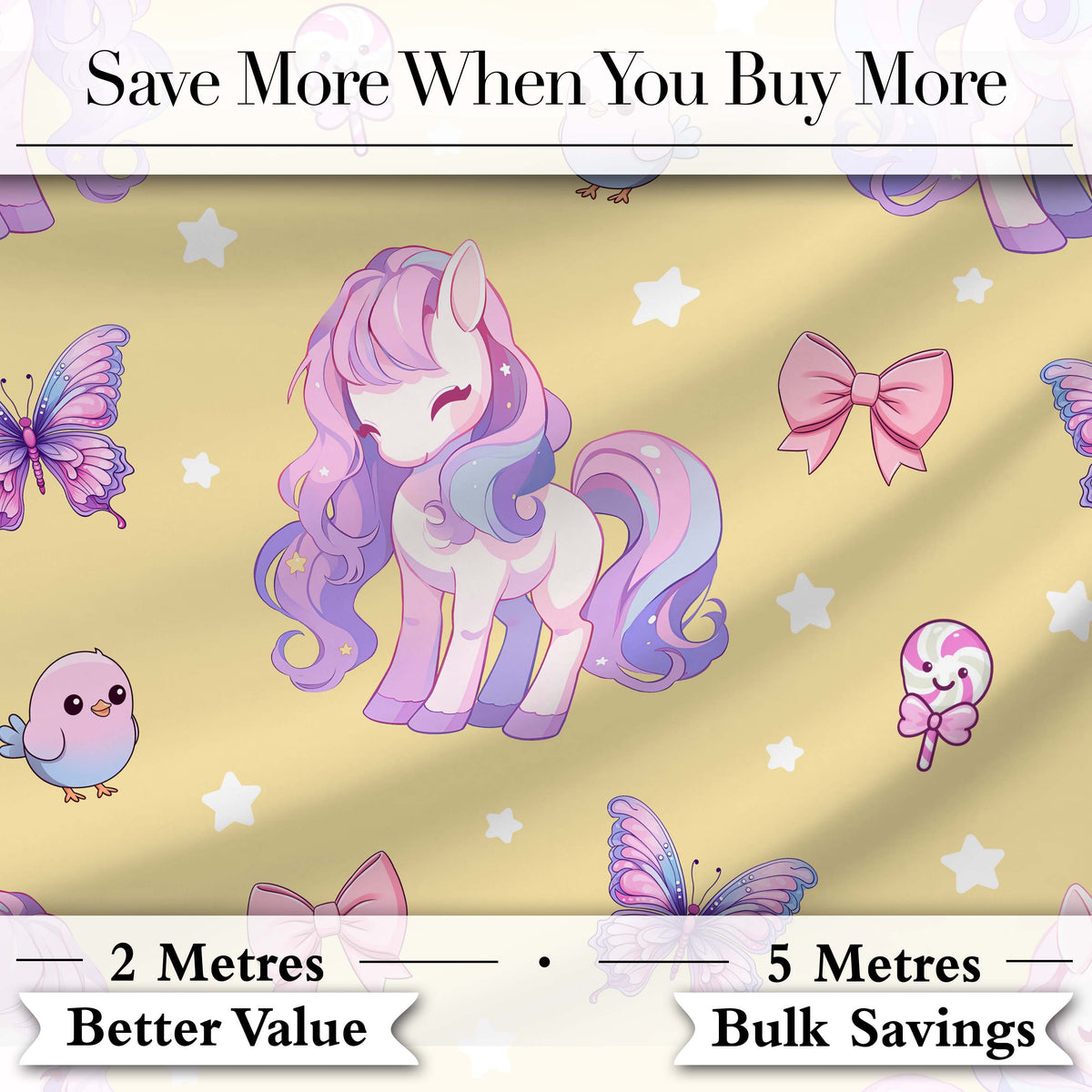 Cute Pastel Unicorn Butterfly Candy Stars Yellow Background Seamless Pattern Digital Print Fabric by the Metre UK Sewing Quilting Textile