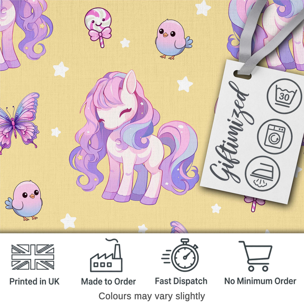Cute Pastel Unicorn Butterfly Candy Stars Yellow Background Seamless Pattern Digital Print Fabric by the Metre UK Sewing Quilting Textile