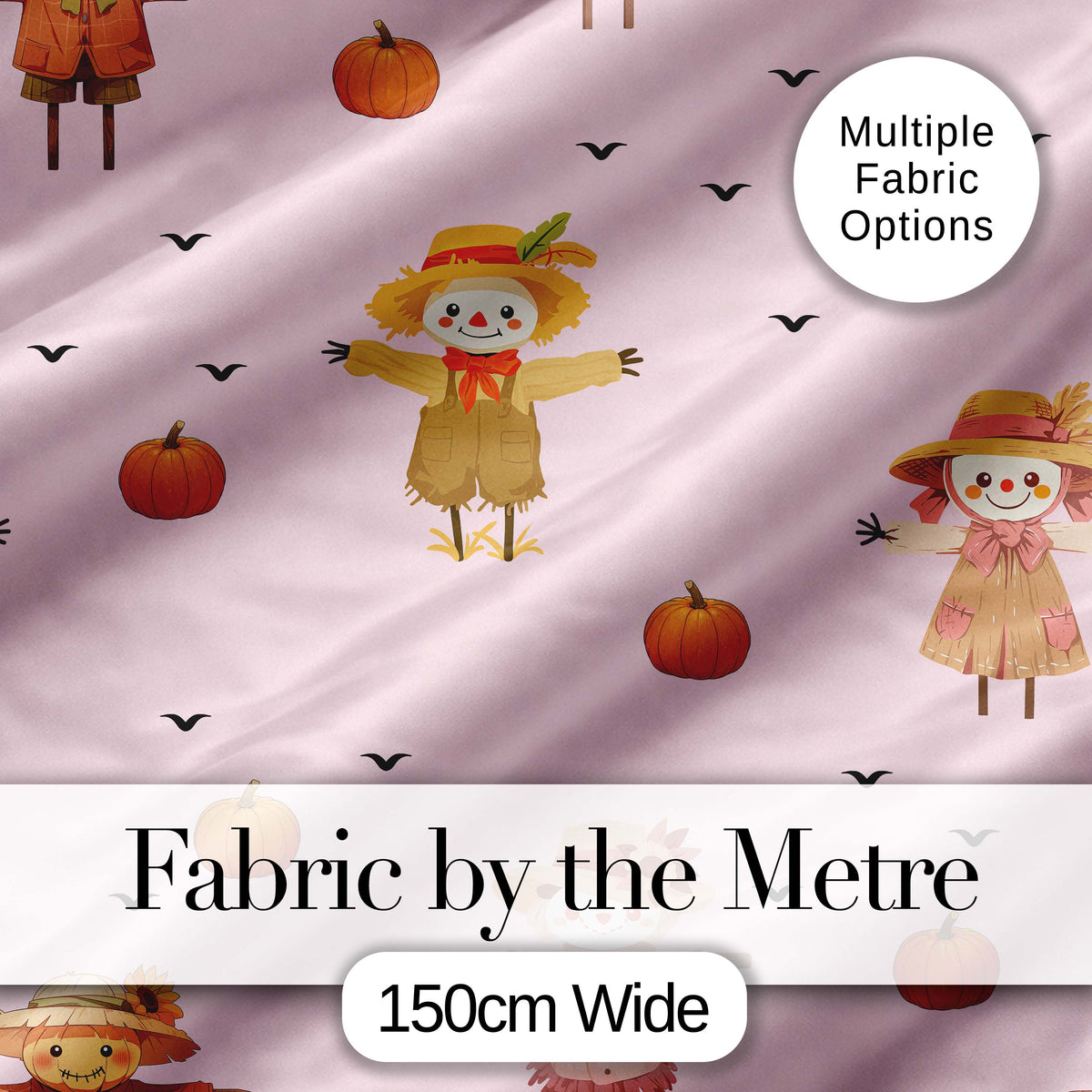 Cute Autumn Scarecrow Pumpkin Birds Seamless Pattern Blush Background Digital Print Fabric by the Metre UK Sewing Quilting Textile