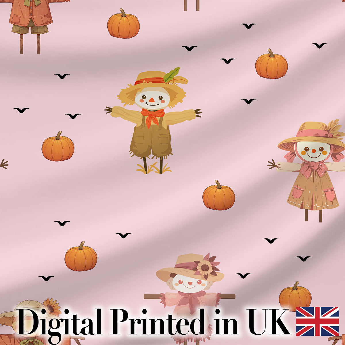 Cute Autumn Scarecrow Pumpkin Birds Seamless Pattern Blush Background Digital Print Fabric by the Metre UK Sewing Quilting Textile