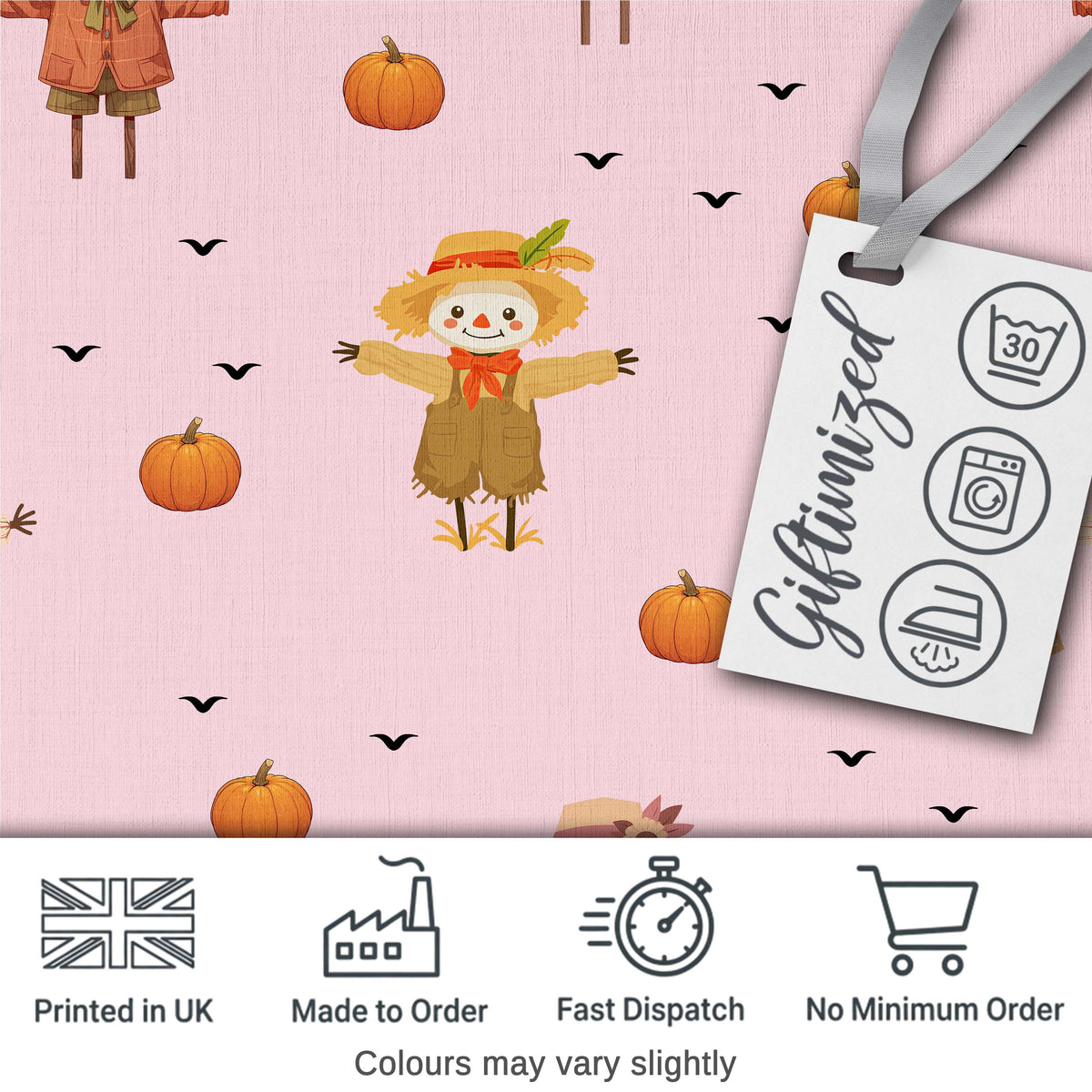 Cute Autumn Scarecrow Pumpkin Birds Seamless Pattern Blush Background Digital Print Fabric by the Metre UK Sewing Quilting Textile