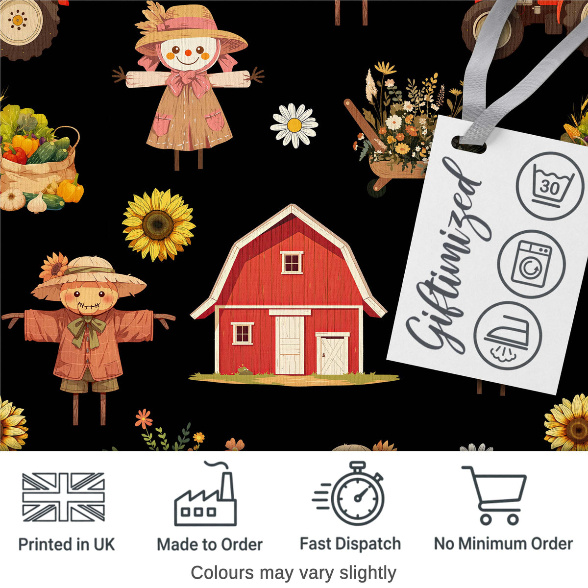 Cute Autumn Farm Scarecrow Barn Flowers Seamless Pattern Black Background Digital Print Fabric by the Metre UK Sewing Quilting Textile