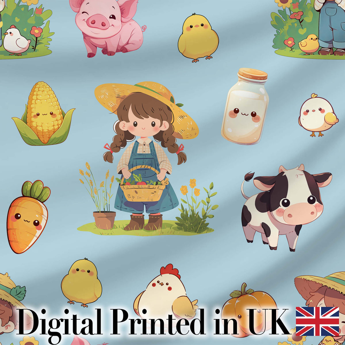 Cute Farm Girl Animals Harvest Seamless Pattern Blue Background Digital Print Fabric by the Metre UK Sewing Quilting Textile