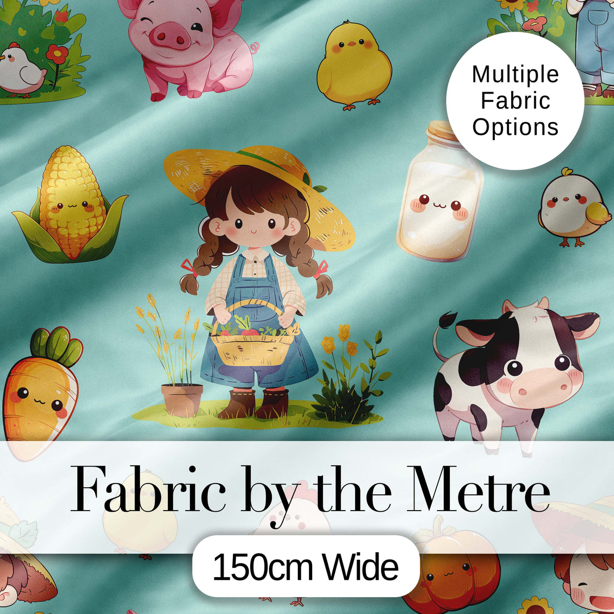Cute Farm Girl Animals Harvest Seamless Pattern Mint Background Digital Print Fabric by the Metre UK Sewing Quilting Textile