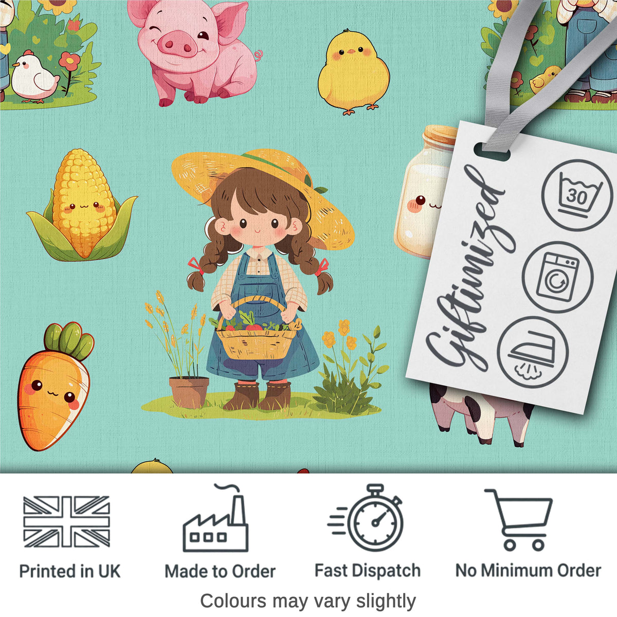 Cute Farm Girl Animals Harvest Seamless Pattern Mint Background Digital Print Fabric by the Metre UK Sewing Quilting Textile
