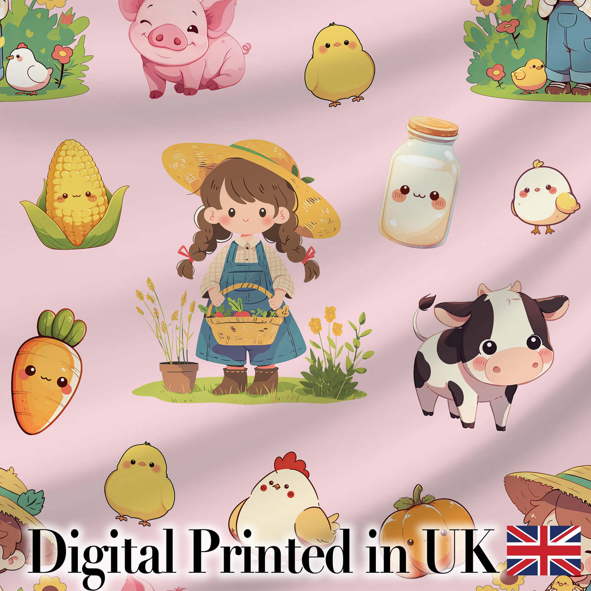 Cute Farm Girl Animals Harvest Seamless Pattern Pink Background Digital Print Fabric by the Metre UK Sewing Quilting Textile