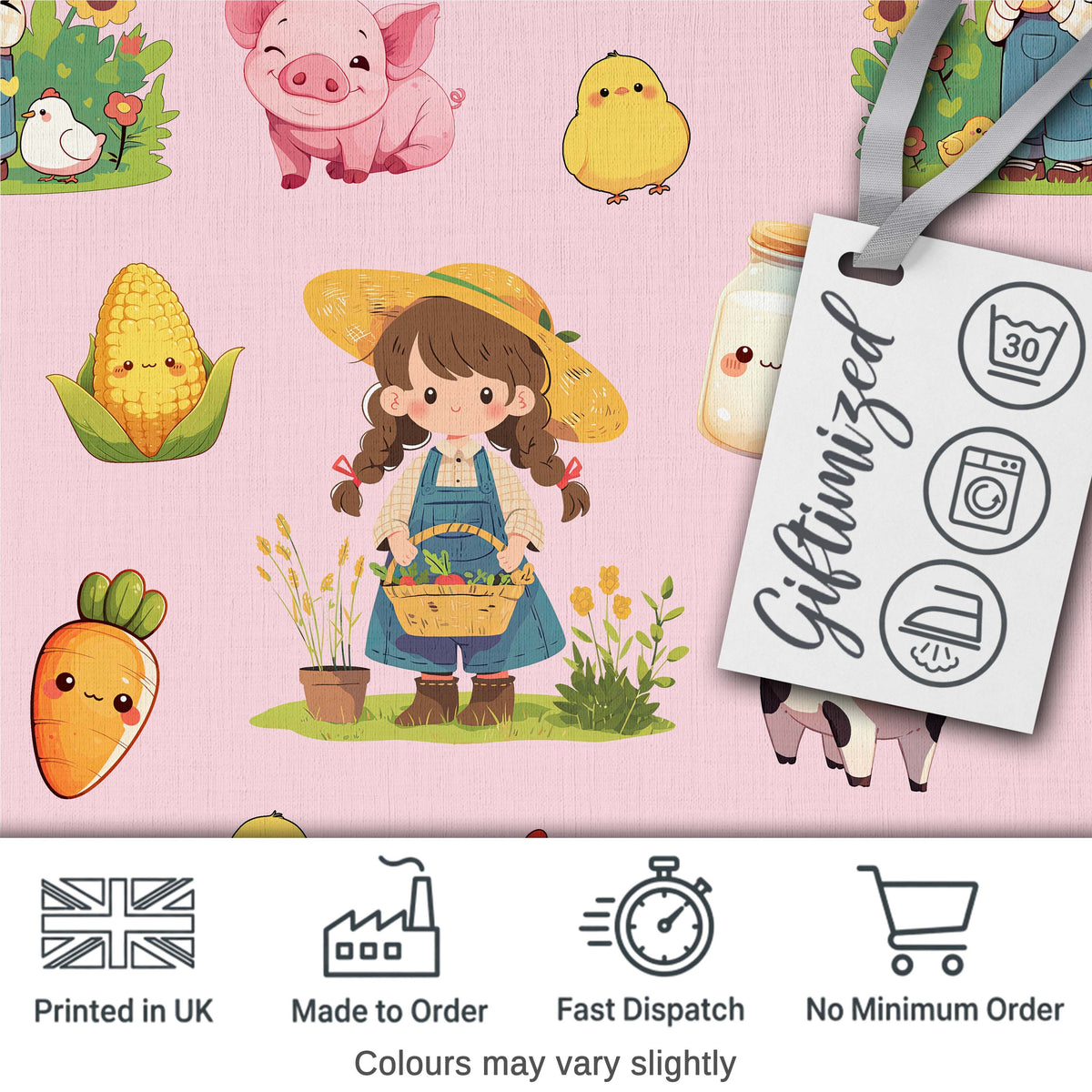 Cute Farm Girl Animals Harvest Seamless Pattern Pink Background Digital Print Fabric by the Metre UK Sewing Quilting Textile