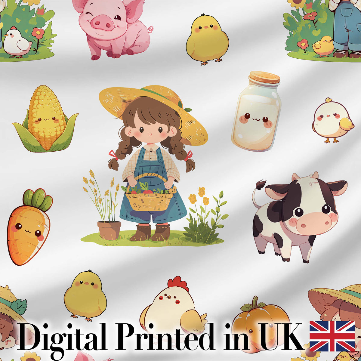 Cute Farm Girl Animals Harvest Seamless Pattern Grey Background Digital Print Fabric by the Metre UK Sewing Quilting Textile