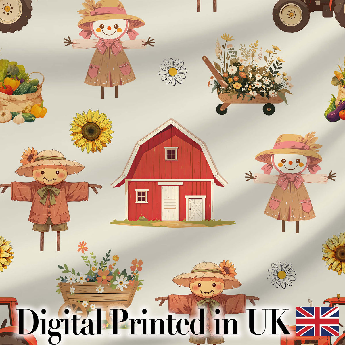 Cute Autumn Scarecrow Barn Flowers Seamless Pattern Cream Background Digital Print Fabric by the Metre UK Sewing Quilting Textile