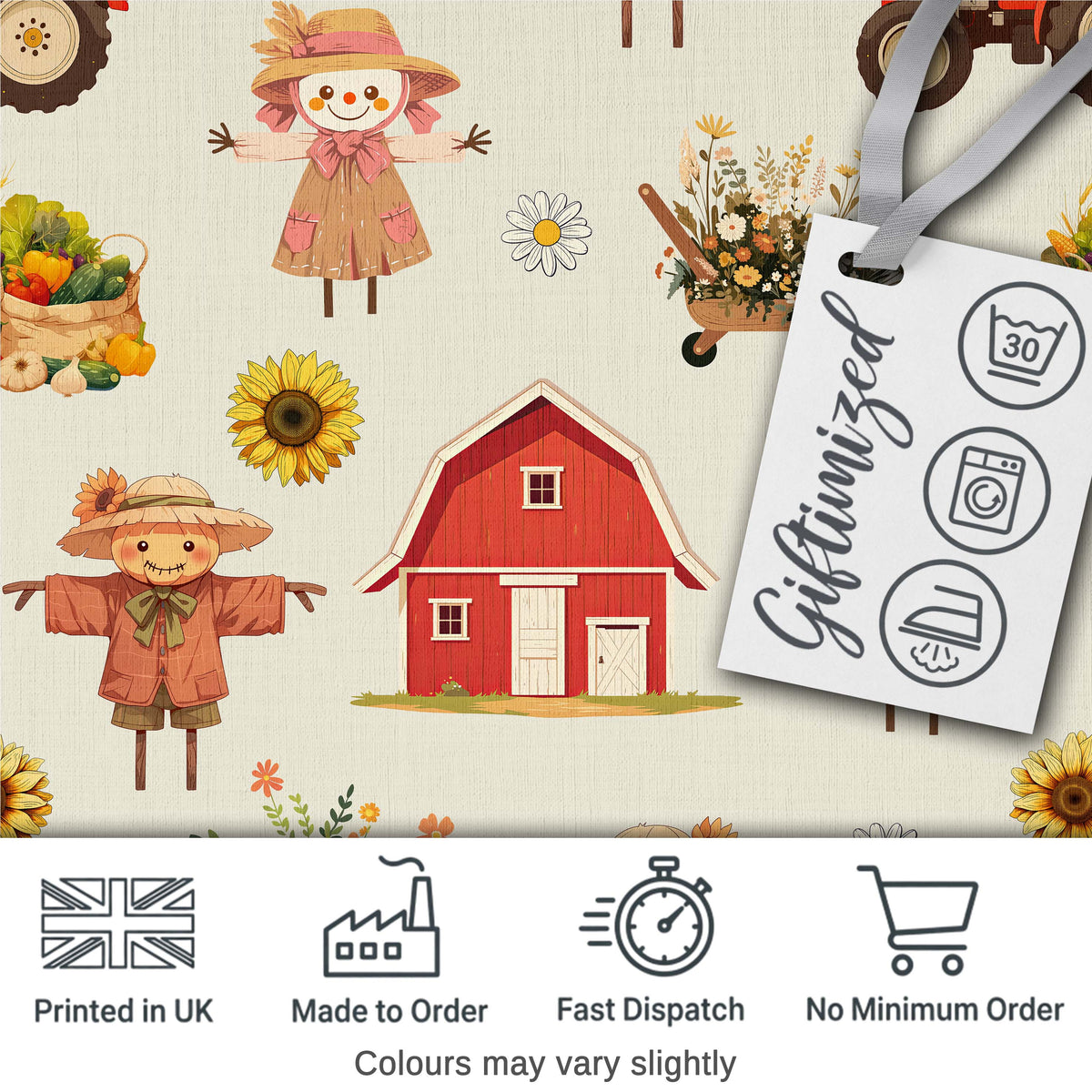 Cute Autumn Scarecrow Barn Flowers Seamless Pattern Cream Background Digital Print Fabric by the Metre UK Sewing Quilting Textile