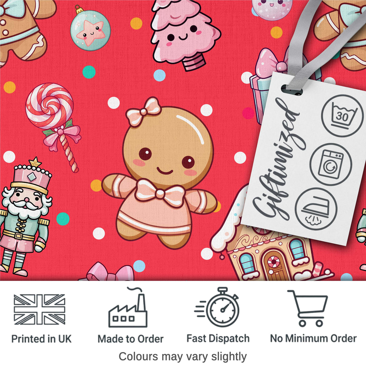 Cute Christmas Gingerbread Candy Gift House Seamless Pattern Red Background Digital Print Fabric by the Metre UK Sewing Quilting Textile